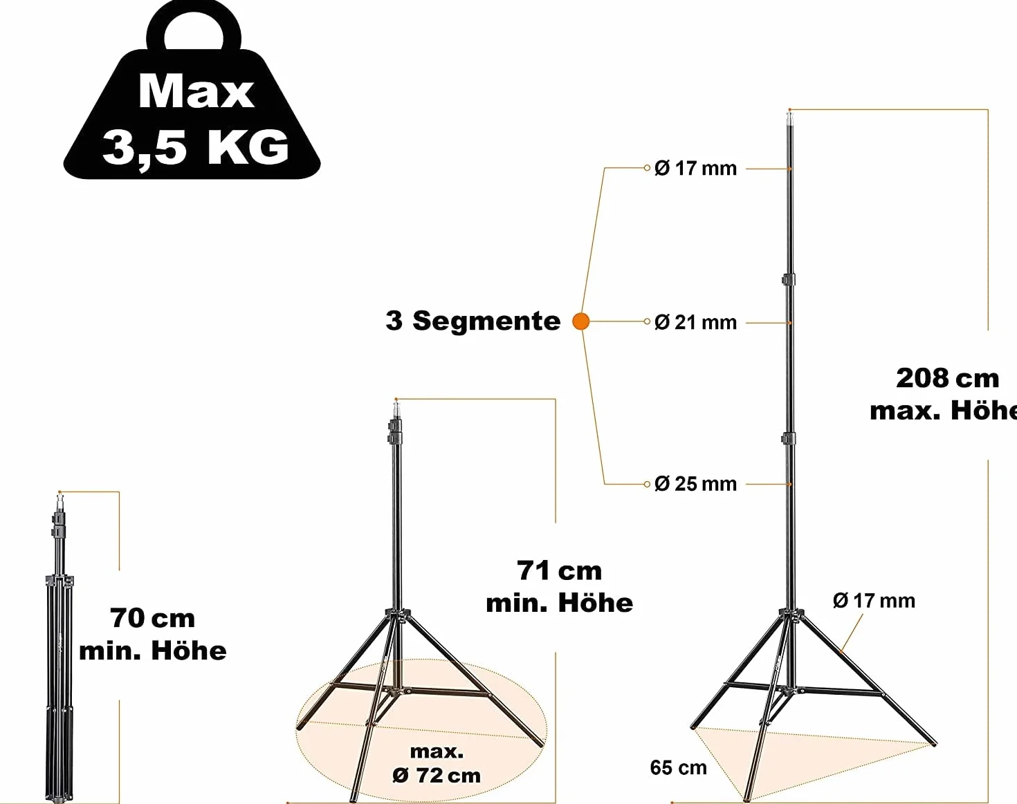 Walimex pro WT-803 2-częściowy zestaw statywów do lamp, 208 cm – lekki statyw świetlny z aluminium, wysokość maks. 208 cm, nośność 3,5 kg, do fotografii, studia, mobilnego, wideo, lampa błyskowa,