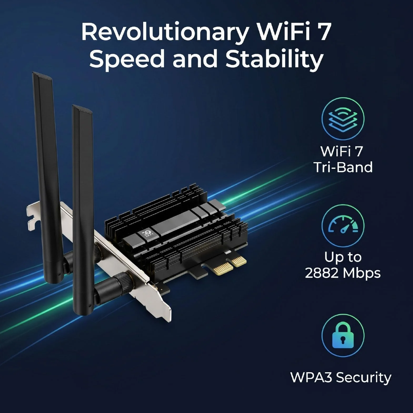 Zunate Karta Sieciowa WiFi 7 z Bluetooth 5.4 | Trójzakresowy adapter bezprzewodowy M.2 NGFF, prędkość 2882 Mb/s, Bluetooth 5.4, WPA3, dwie anteny