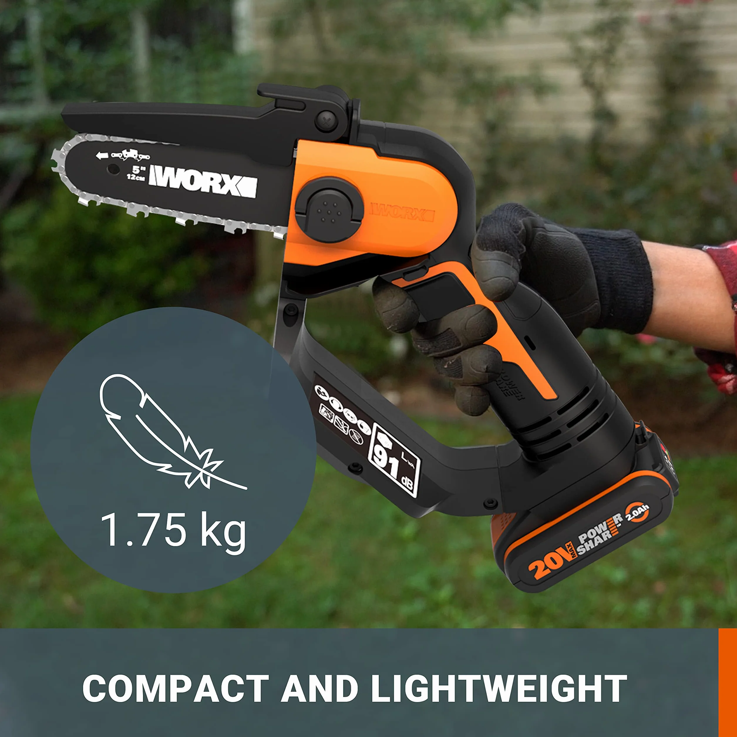 WORX Mini akumulatorowa piła łańcuchowa 18V (20V MAX) WG324E.1, PowerShare, przenośna mini piła łańcuchowa elektryczna, pręt 12 cm