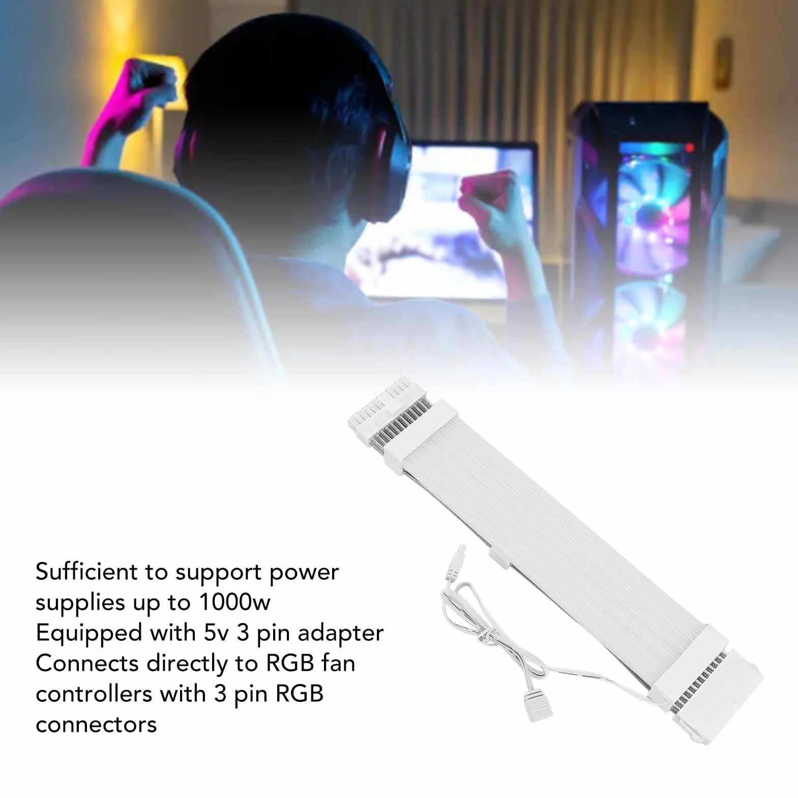 Przedłużacz zasilania RGB, kabel zasilacza ARGB z 5 V 3-pinową obsługą adresowalną, kabel RGB 18AWG do komputera stacjonarnego ze zsynchronizowanymi efektami świetlnymi (24-pinowy kabel ARGB)