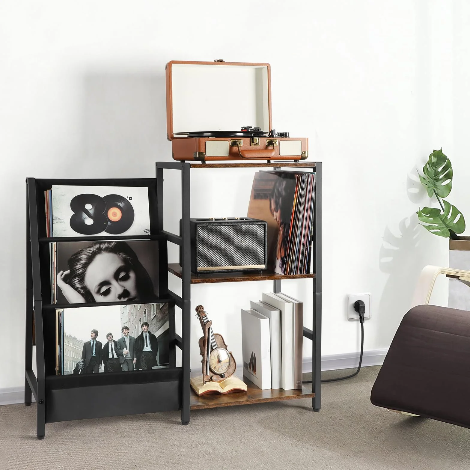 Stojak na Gramofon z Gniazdem Zasilania, Stolik Końcowy z 3-poziomowym Schowkiem na Płyty Winylowe, Stolik na Gramofon do 200 Albumów, Stojak na Płyty Winylowe, Szafka na Płyty Winylowe do Salonu