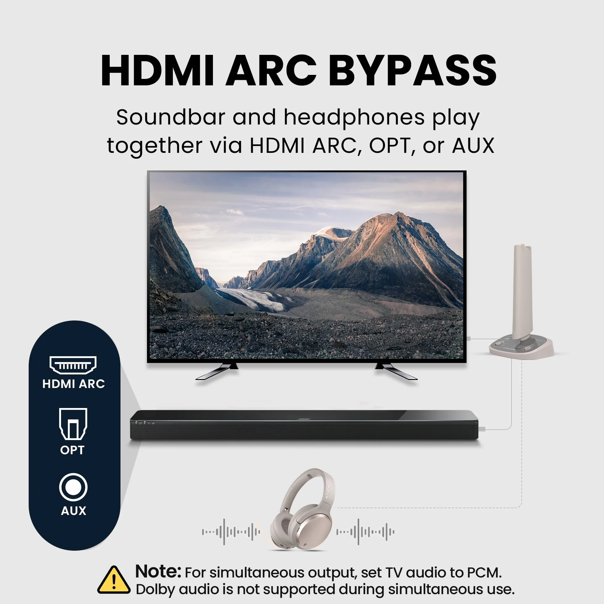 Avantree Crescendo Me - Spersonalizowany system słuchania TV dla seniorów, test słuchu dla każdego ucha, HDMI ARC i passthrough soundbar, system wielu słuchawek, wzmocnienie dialogów