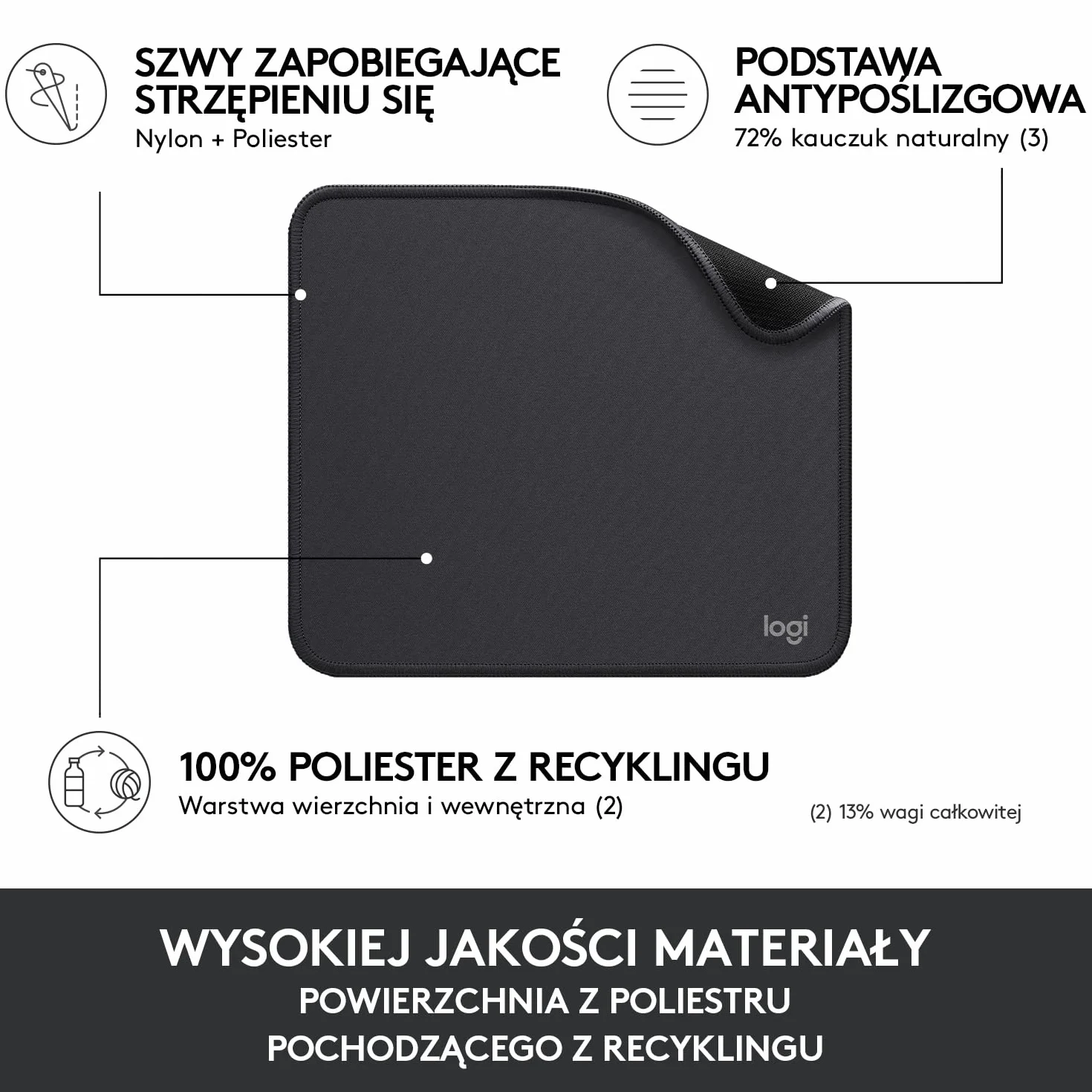 Logitech Mouse Pad - Studio Series, Podkładka pod myszkę komputerową z antypoślizgowym, gumowym spodem, odporną na zalanie powierzchnią, trwała, przenośna, nowoczesny design - Szary