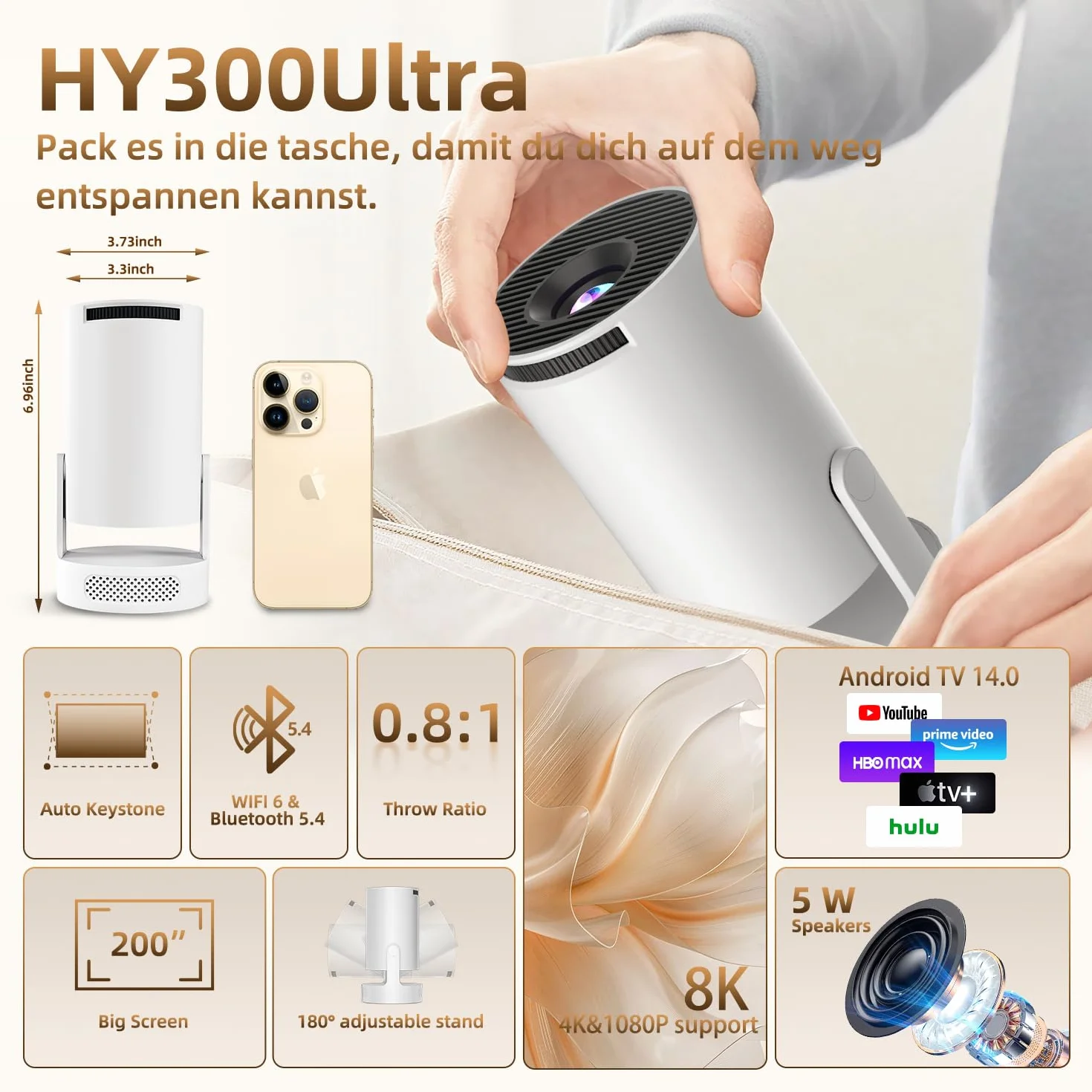 Mini projektor 4K, automatyczna korekcja trapezu z WiFi 6 BT, inteligentny projektor 4K FHD 1080p, obsługuje system Android 11.0, mały rzutnik, telefon komórkowy, obracany o 180°, kompatybilny z USB