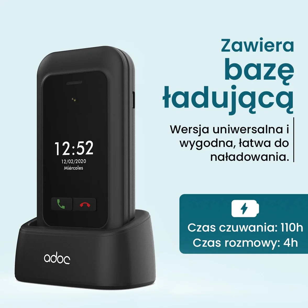 ADOC SC01, Telefon komórkowy przeznaczony dla osób starszych, duże klawisze, Przycisk SOS, Bluethooth, Wi-Fi, RAM 48MB, ROM 128MB, MicroSIM, MicroSD, Bateria 1.000 mAh, CE RoHS GCF, czarny.
