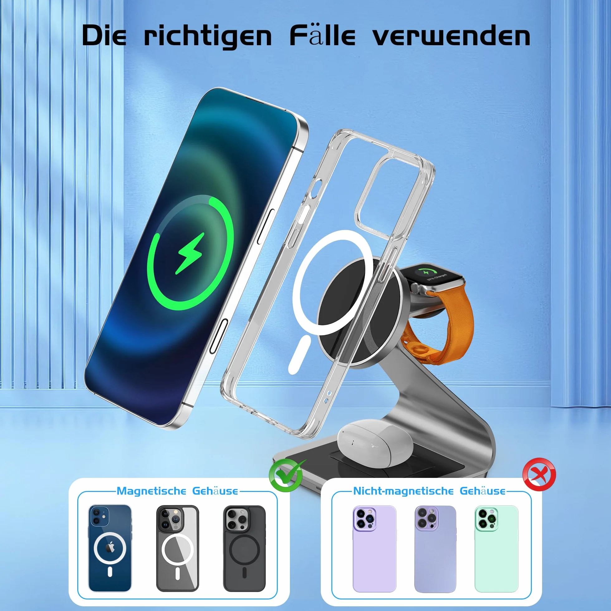Magnetyczna bezprzewodowa stacja ładująca 3 w 1, stojak na ładowarkę JE do iPhone'a serii 16/15/14/13/12, do Apple Watch 8/7/6/5/4/3/2/SE, AirPods 3/2/Pro