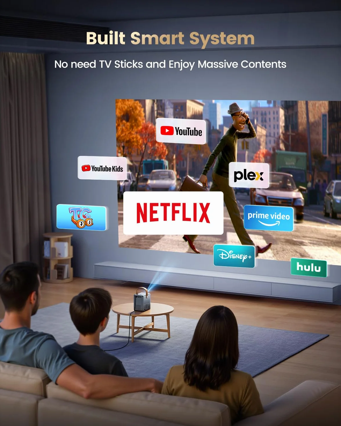 Mini projektor 4K [Netflix Official|Dolby Audio] inteligentny projektor z WiFi6 2-drożny Bluetooth Full HD 1080p, elektryczna ostrość, pionowa korekcja trapezu, projektor z krótką odległością