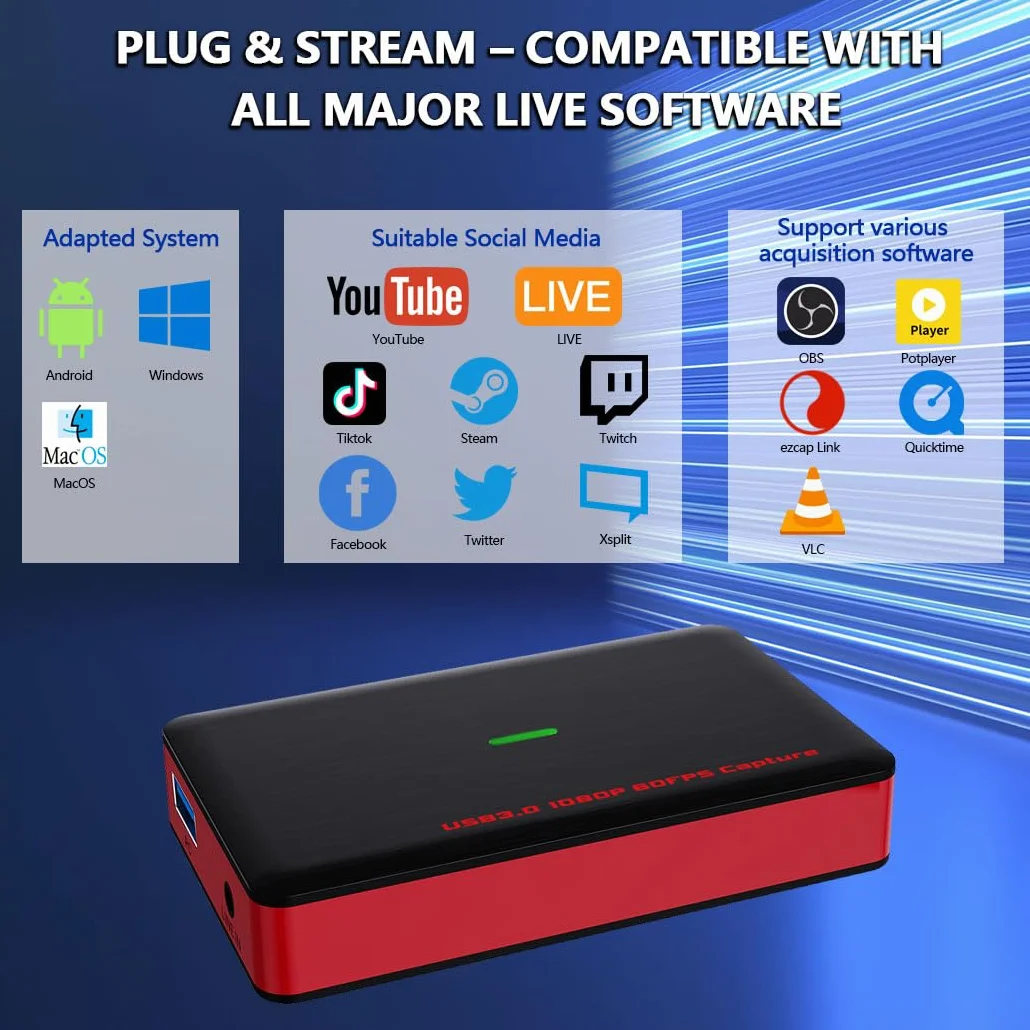 Karta przechwytująca HDMI Y&H 4K30 1080p60, USB 3.2 Gen 1 typu C i USB-A, brak opóźnień przejście sygnału, wejście liniowe 3,5 mm, wtyczka do PS5/Xbox//DSLR/iPad Pro/Mac/Windows/OBS, kieszeń