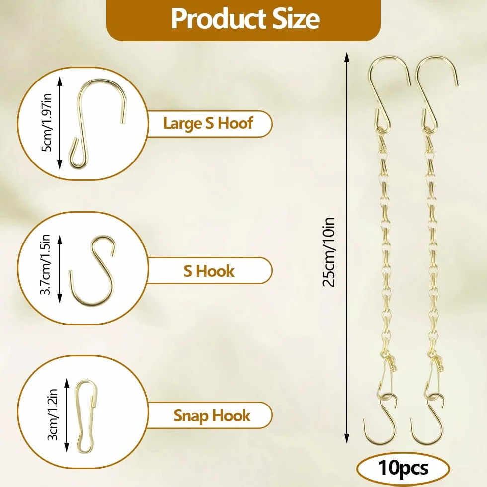 10 metalowych wiszących łańcuchów do kosza, 25 cm, do zawieszenia, z zatrzaskami i haczykami w kształcie litery S, złote, do wiszących doniczek, karmników dla ptaków, latarni, dzwonków