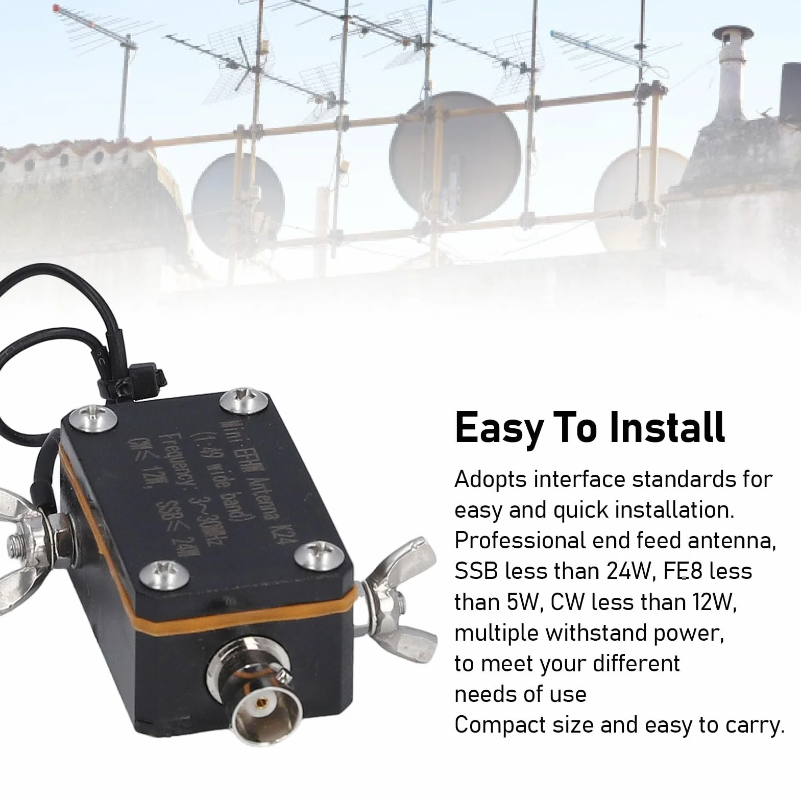 Antena Mini EFHW, Antena Krótkofalowa, Balun 1:49, 3‑30 MHz, Kompaktowy, Standardowy Interfejs, Antena Półfalowa z Zasilaniem Końcowym