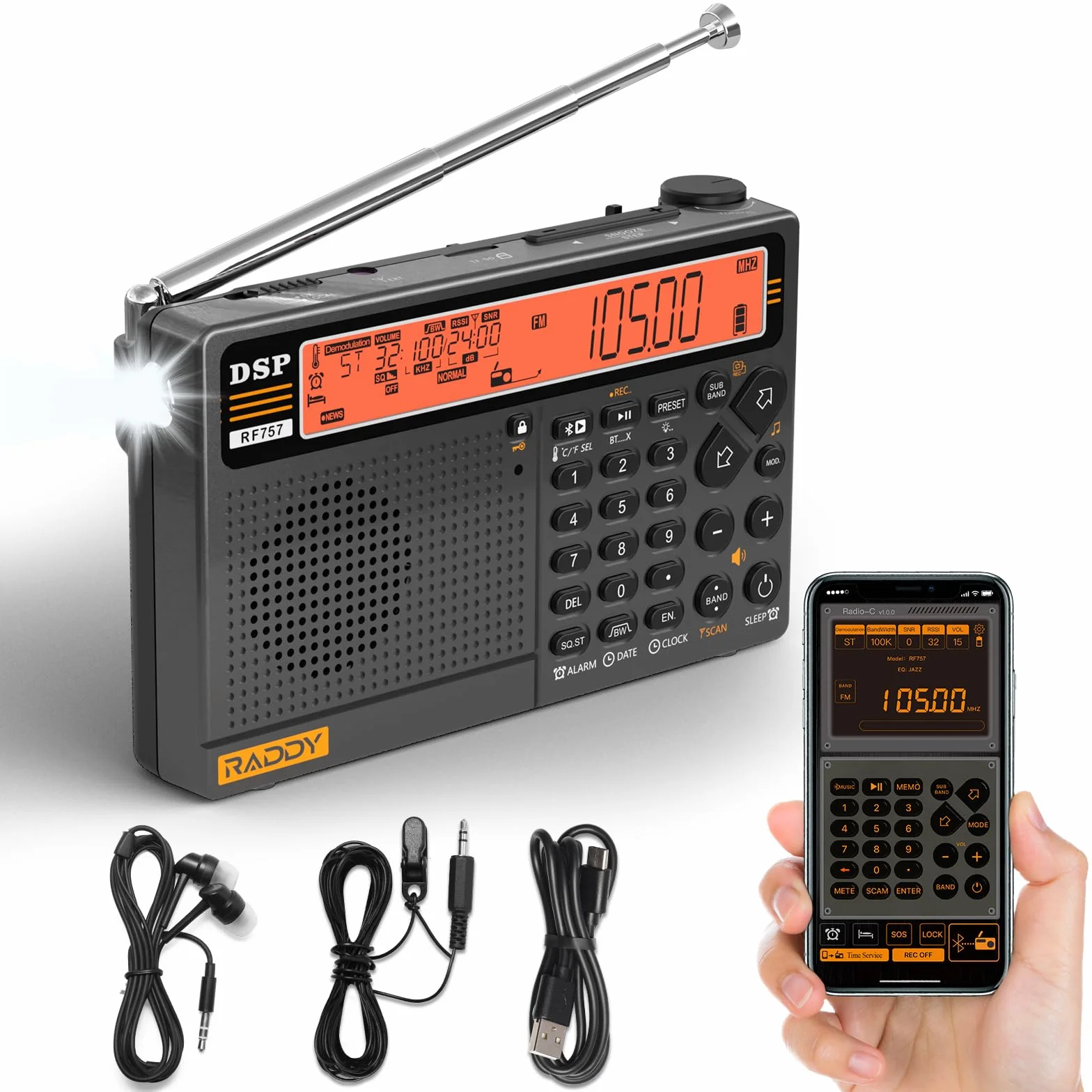 Raddy RF757 radio, sterowanie przez aplikację, radio krótkofalowe, przenośne radio z odbiorem AM/FM/SW/VHF/UHF/CB/AIR, bateria 2500 mAh, 1000 predefiniowanych stacji, słuchawki, przewodowa antena