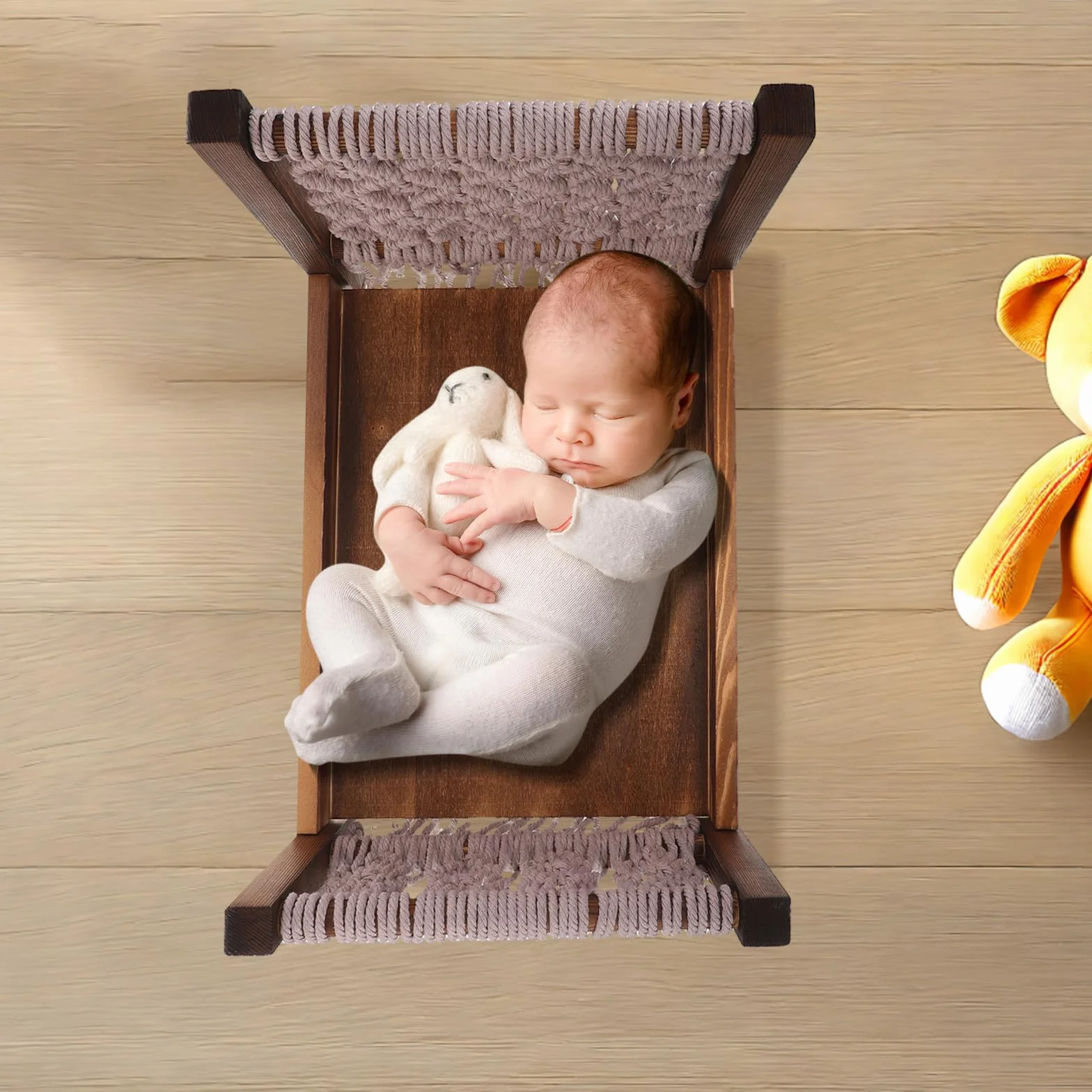 Happyyami Mini łóżeczko do sesji zdjęciowej dla niemowląt - rekwizyt do łóżka noworodkowego do studia - boho wzór makramy na wezgłowiu do fotografii noworodkowej i pozowania w studiu w kolorze