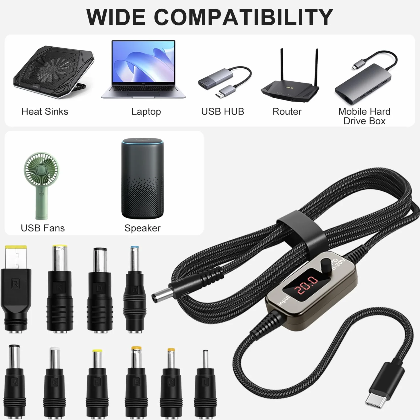 100W USB-C PD do DC Adapterkabel 5A 5,5×2,1mm 10 adapterów DC do laptopa routera monitora kamery 1M kabel nylonowy