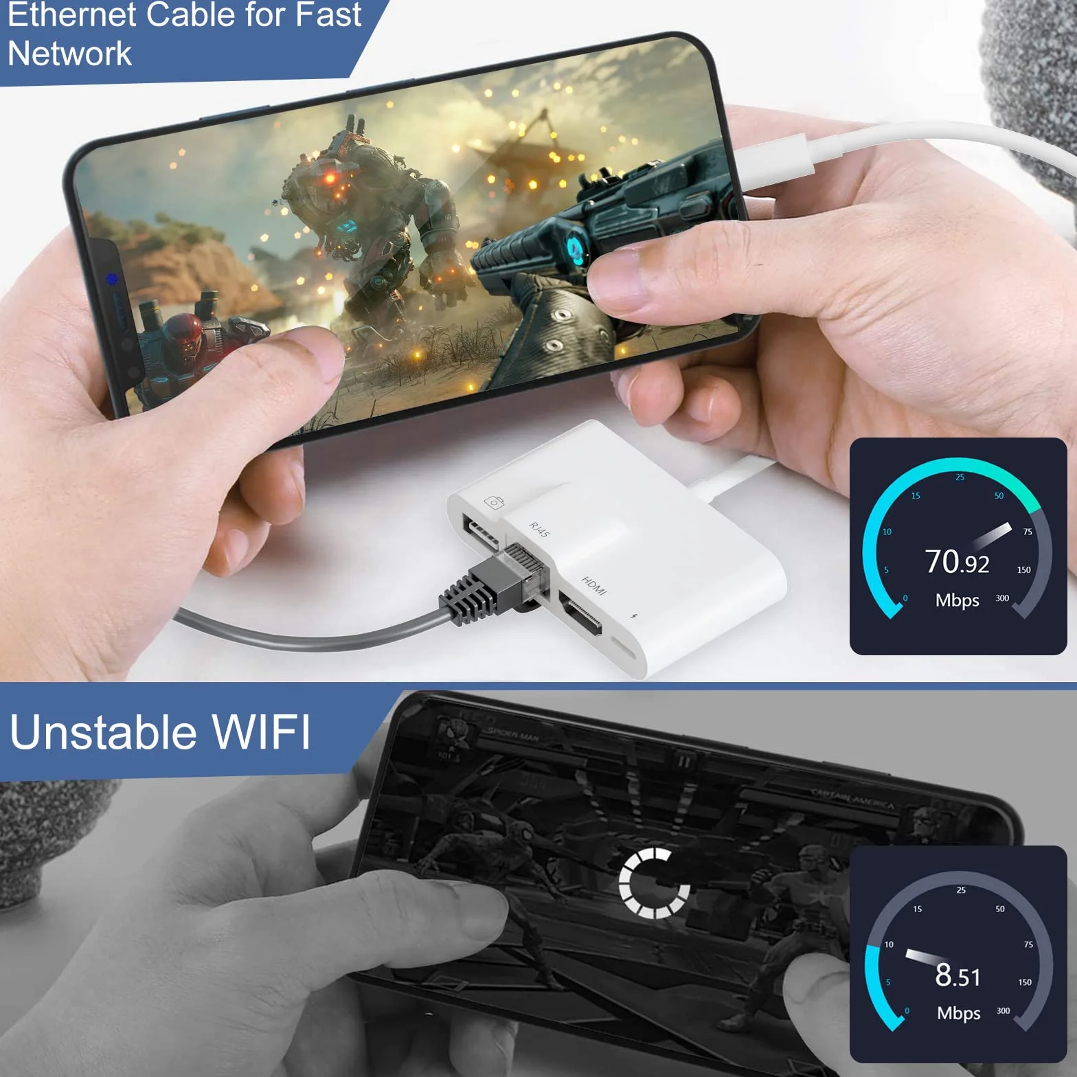 Adapter HDMI Ethernet LAN z iPhone 4 w 1, kompatybilny z iPhone 14 12/13/11/XS/XR/X/8/7/Pad
