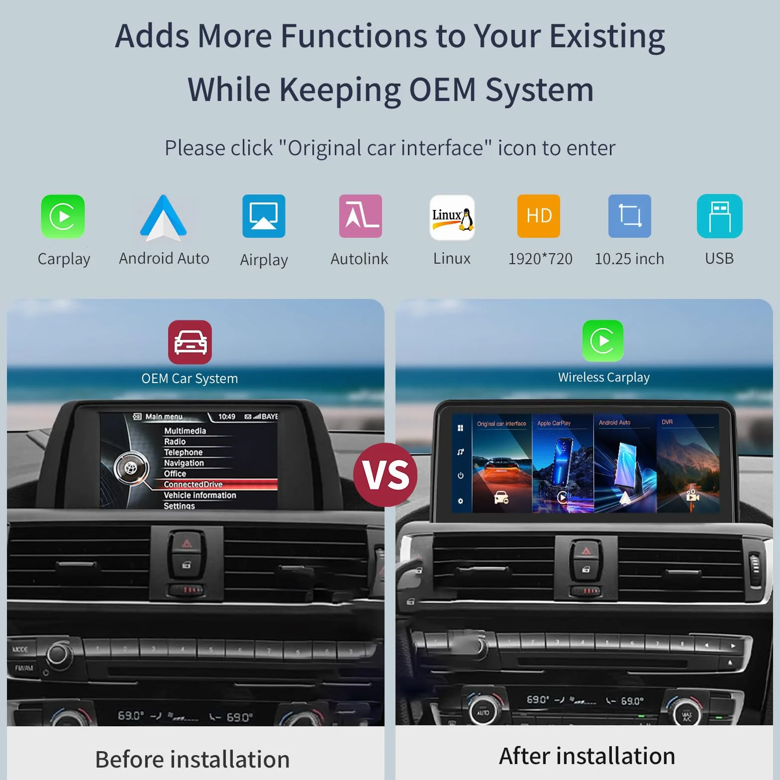 Bezprzewodowa CarPlay/Android Auto 10.25'' Multimedia Radio Linux Ekran dotykowy dla BMW 3 4 Serie F30/F31/F33/F34/F36 2012-2016 NBT System AirPlay/Autolink/USB HD Rozdzielczość 1920 * 720