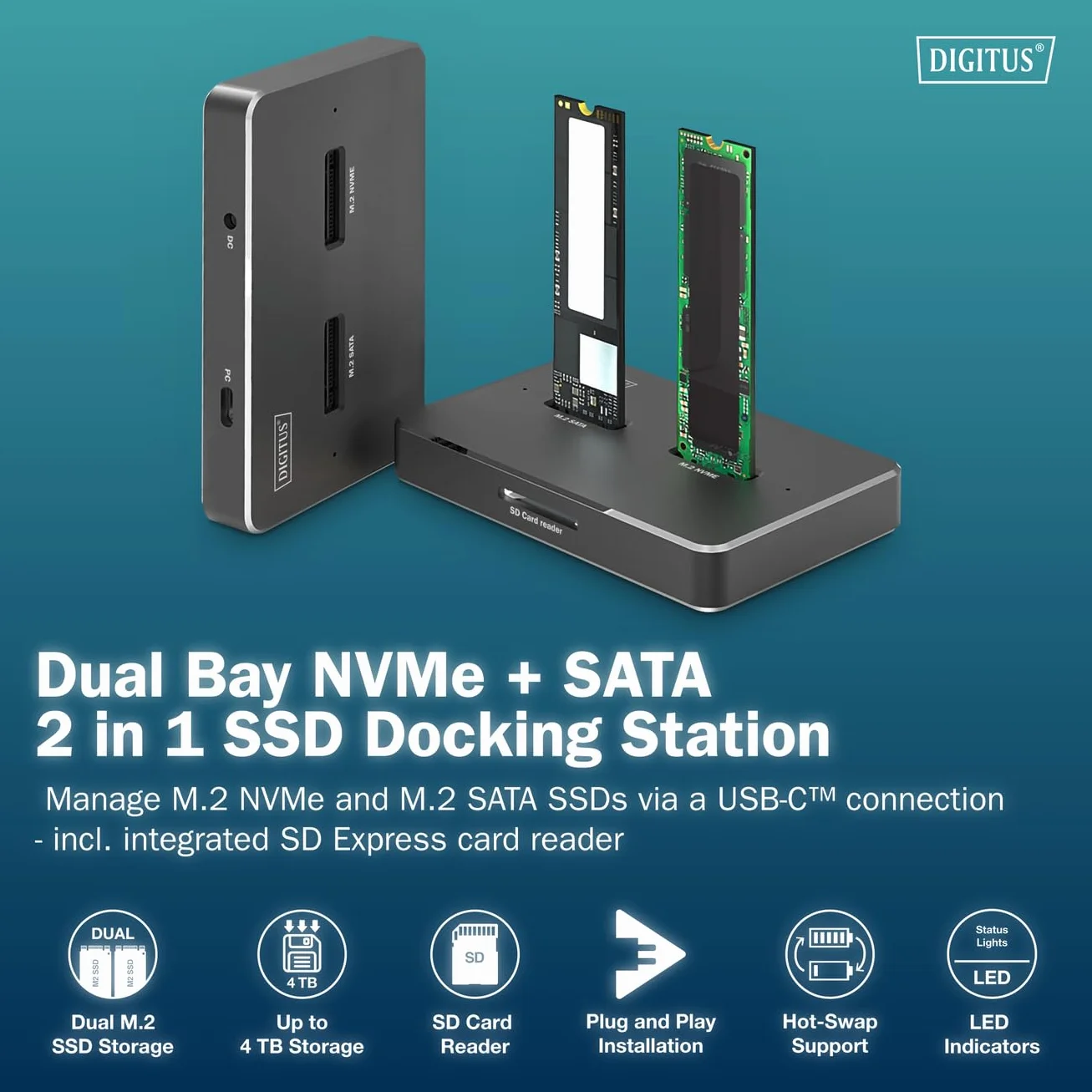 DIGITUS M.2 SSD stacja dokująca – dla dysków SSD NVMe i SATA o pojemności do 4 TB – czytnik kart SD Express – USB-C 3.2 Gen2 10 Gbit/s – dla 2242, 2260, 2280, 22110 – Hot-Swap – czarny