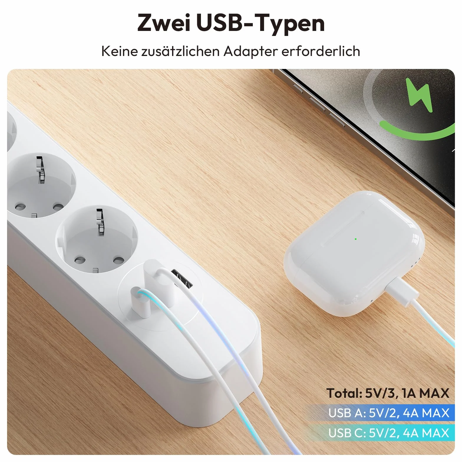 NTONPOWER Listwa zasilająca z 5 gniazdami USB C, wielokrotne gniazdko ścienne, kabel przedłużający, 1,5 m, biała