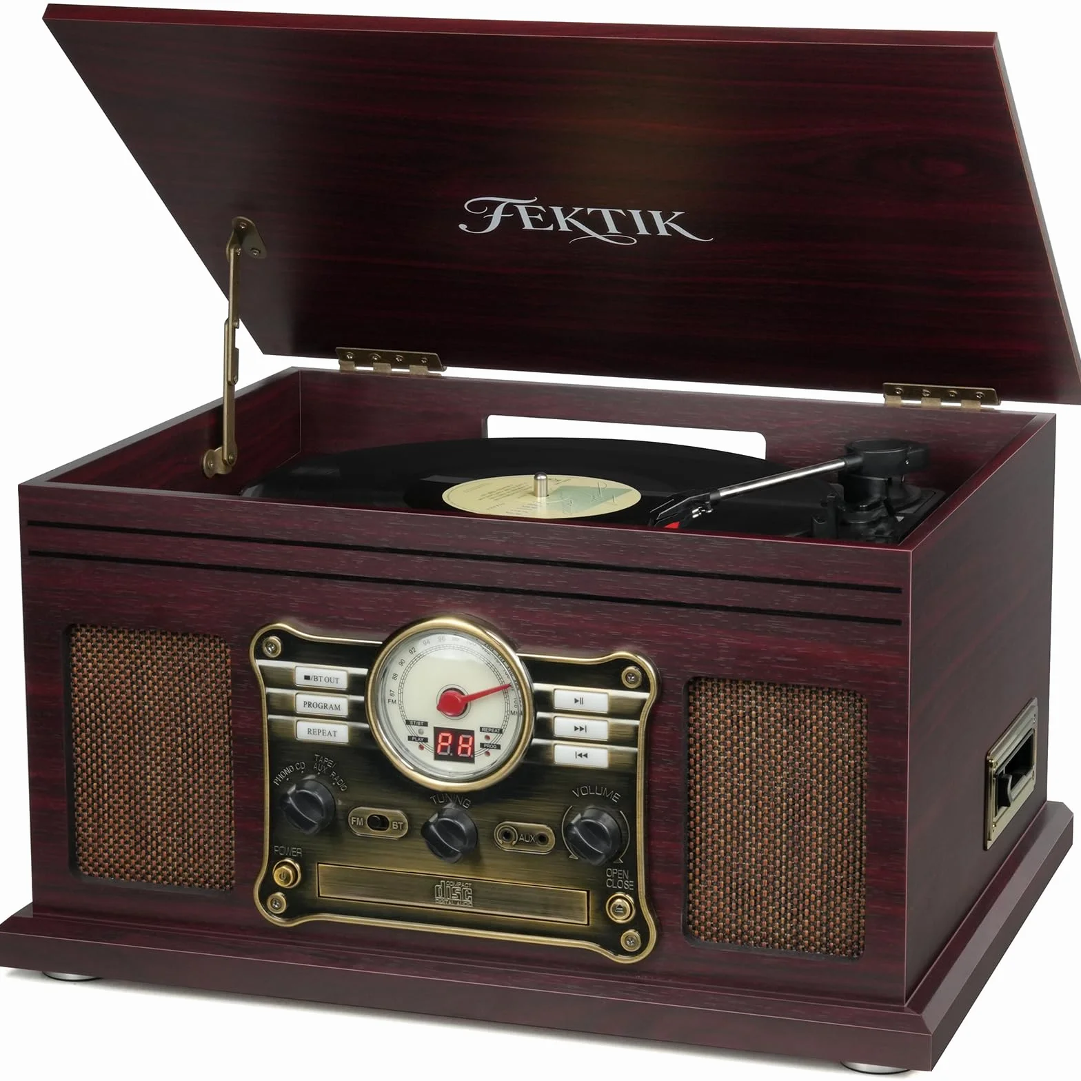 FEKTIK Gramofon Bluetooth 10 w 1, 3-biegowy gramofon z napędem pasowym z głośnikami, wejście i wyjście Bluetooth, CD, kaseta, radio FM, bezprzewodowe przesyłanie strumieniowe