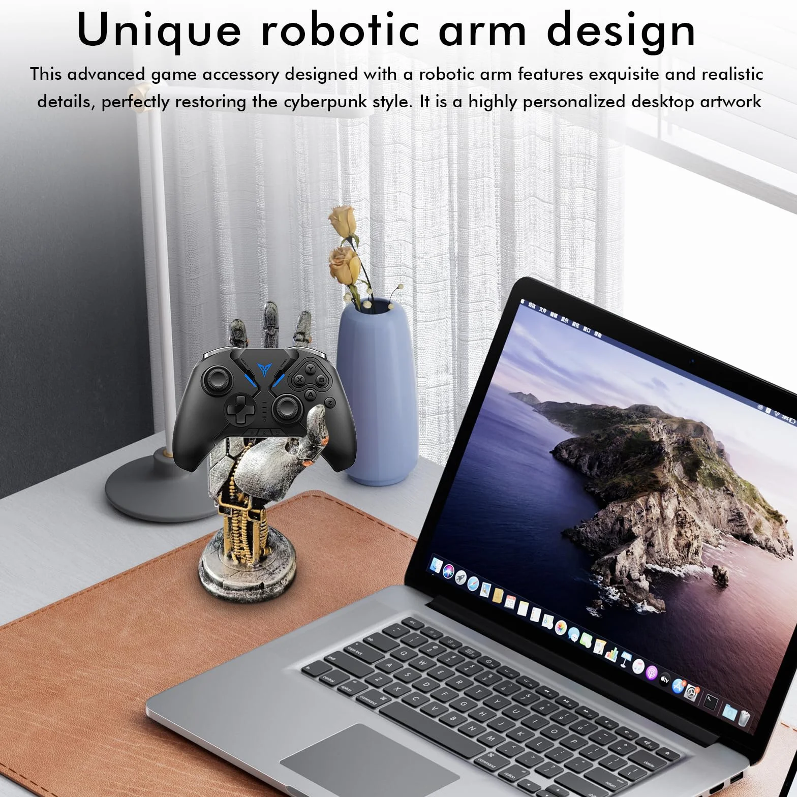Cyberpunk stojak na słuchawki i uchwyt na kontroler: akcesoria gamingowe premium z ramieniem robota, akcesoria dla graczy do organizacji biurka, futurystyczny design z żywicy o wyglądzie metalu