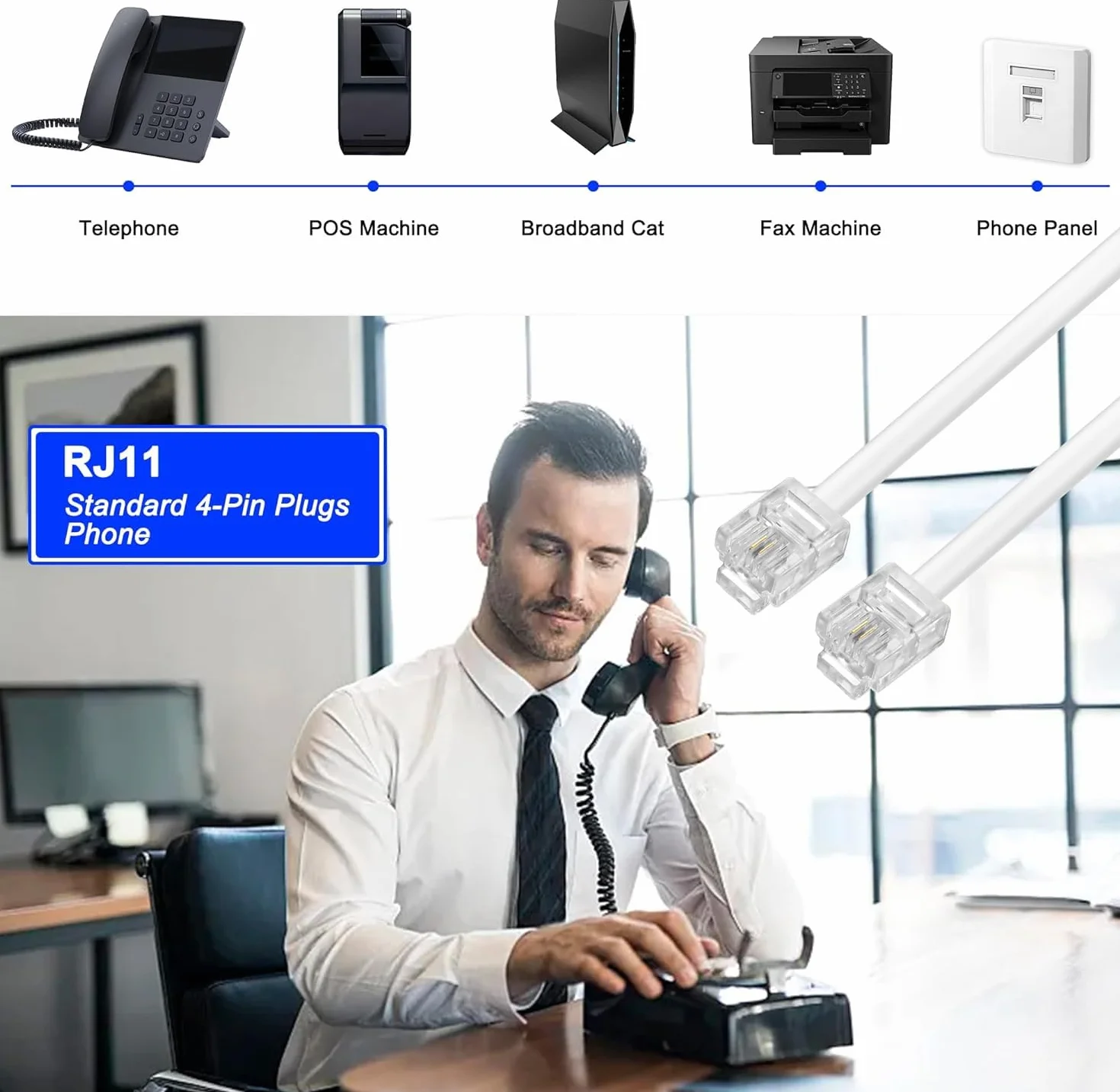 XMSJSIY DSL rozdzielacz ADSL rozdzielacz do linii telefonicznej 1 do 2 RJ11 6P4C/6P2C męski na podwójny żeński modem telefoniczny, adapter do faksu - 2 szt