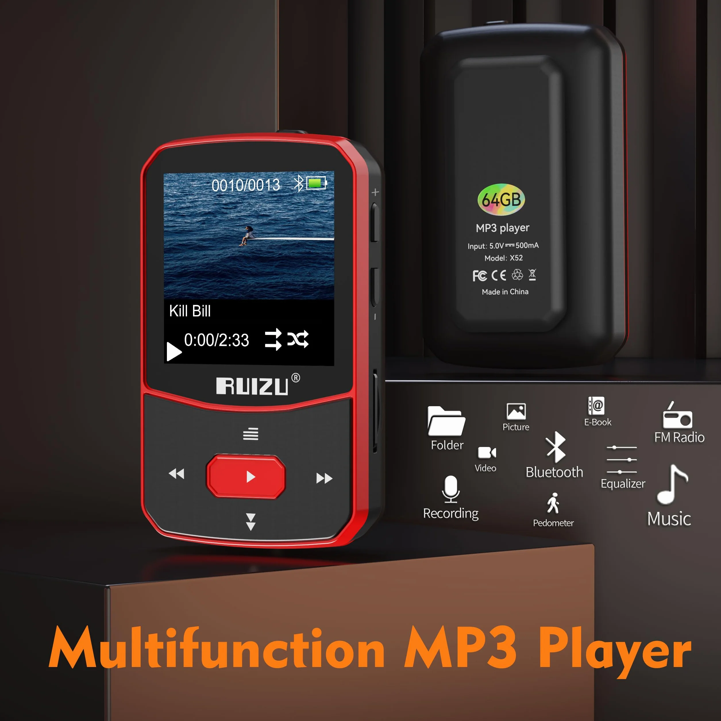 64GB odtwarzacz MP3 Bluetooth 5.3 Sport z 1.5-calowym TFT kolorowym ekranem, mini odtwarzacz muzyki z klipsem, do biegania, radio UKF, rejestrator, krokomierz, powtórzenie A-B, obsługuje kartę SD do