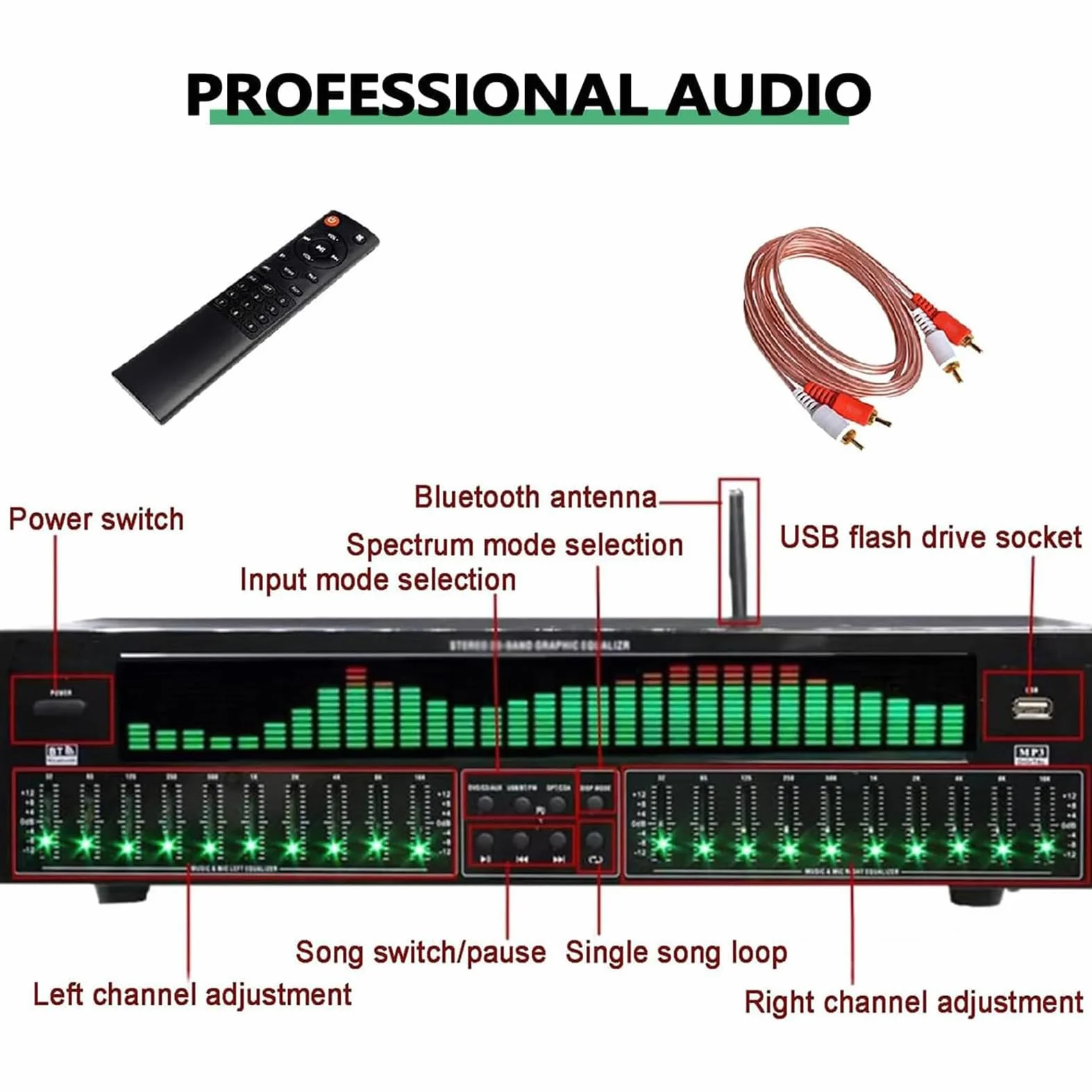 31-pasmowy korektor graficzny, cyfrowy procesor audio z profesjonalnym korektorem, 5,4-calowe koncentryczne optyczne cyfrowe dekodowanie dźwięku do scenariuszy nagrań i studiów.