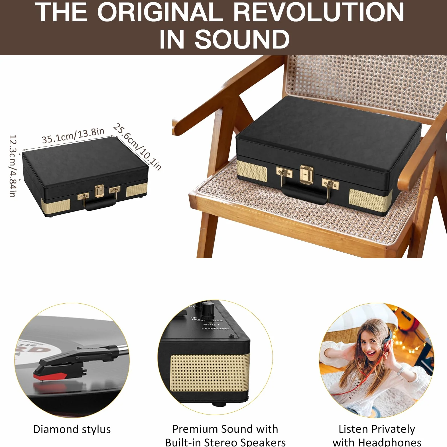 Trynnay Gramofon, 3-biegowy Bluetooth, przenośny odtwarzacz winylowy z wbudowanymi głośnikami, gramofon, ulepszony dźwięk audio, skóra PU, czarny vintage