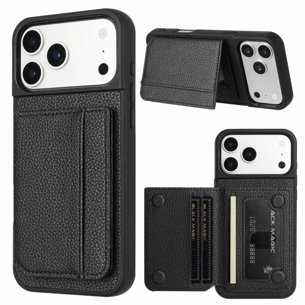 Generic etui kompatybilne z iPhone 17 Pro (kolor: czarny) etui skórzany portfel etui na karty z klapką silikonowa osłona