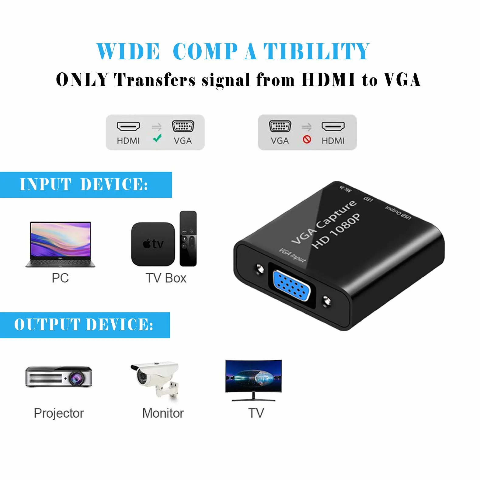 Karta przechwytywania wideo, adapter VGA na USB z wejściem mikrofonowym, adapter wideo HD 1080p, do transmisji na żywo, laptopów, monitorów, wideokonferencji i gier