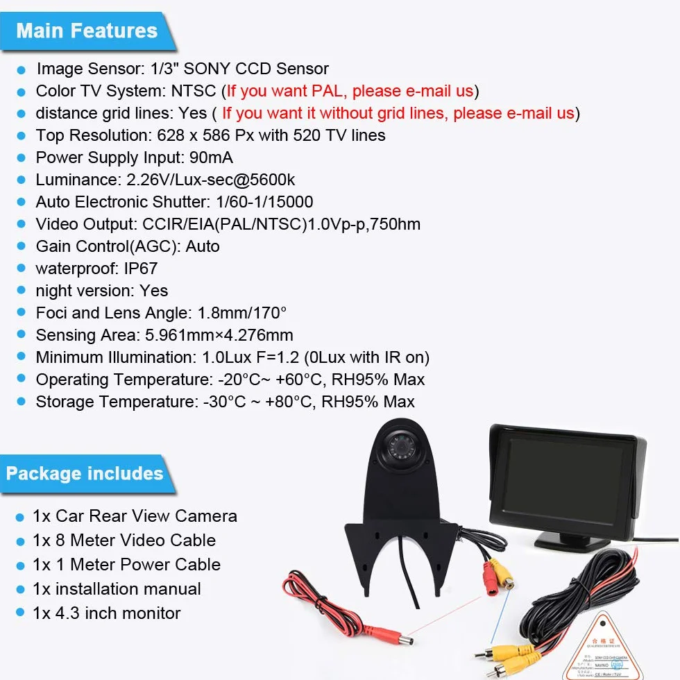 Kamera cofania samochodu z widocznością w nocy, 12 diod LED, kąt 170°, wodoszczelna, system cofania + 4,3" LCD Auto Monitor do Citroen Berlingo Jumper Jumpy Nemo Dacia Dokker Van Nissan Navara HD