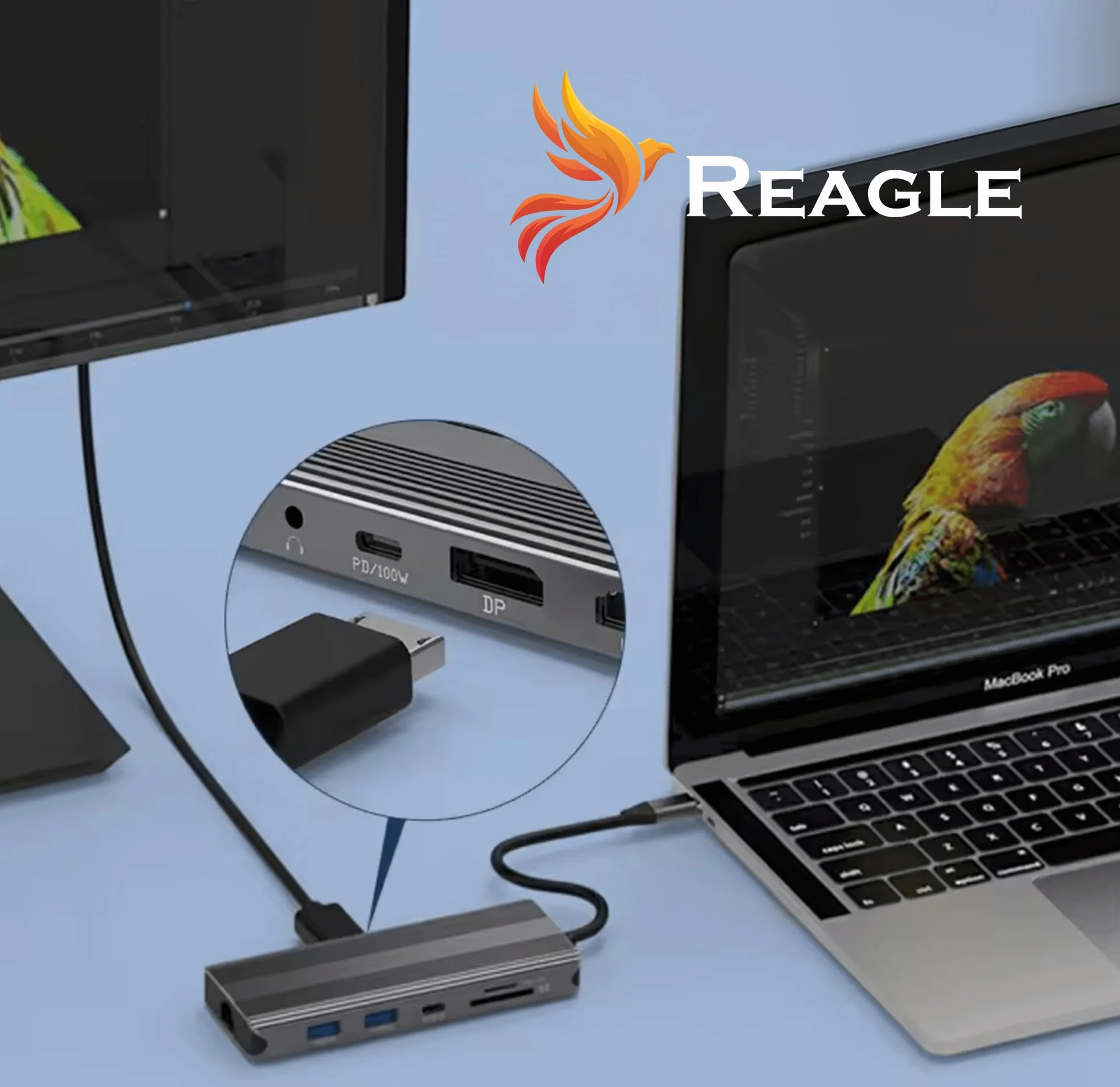 Reagle HUB USB-C 10 w 1 DisplayPort 1.4 HDMI 2.1 8K 30 Hz 4K 144 Hz 5 Gbit/s Display Port Power Delivery 100 W kabel nylonowy oplot powlekany Plug & Play (13 cm)