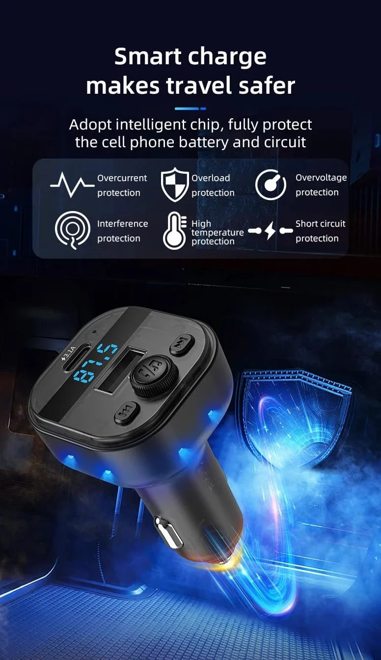 Ładowarka samochodowa FM transmiter, Bluetooth 5.3 Audio Auto odtwarzacz MP3, adapter do radia samochodowego typu C, USB 3.1 A szybka ładowarka