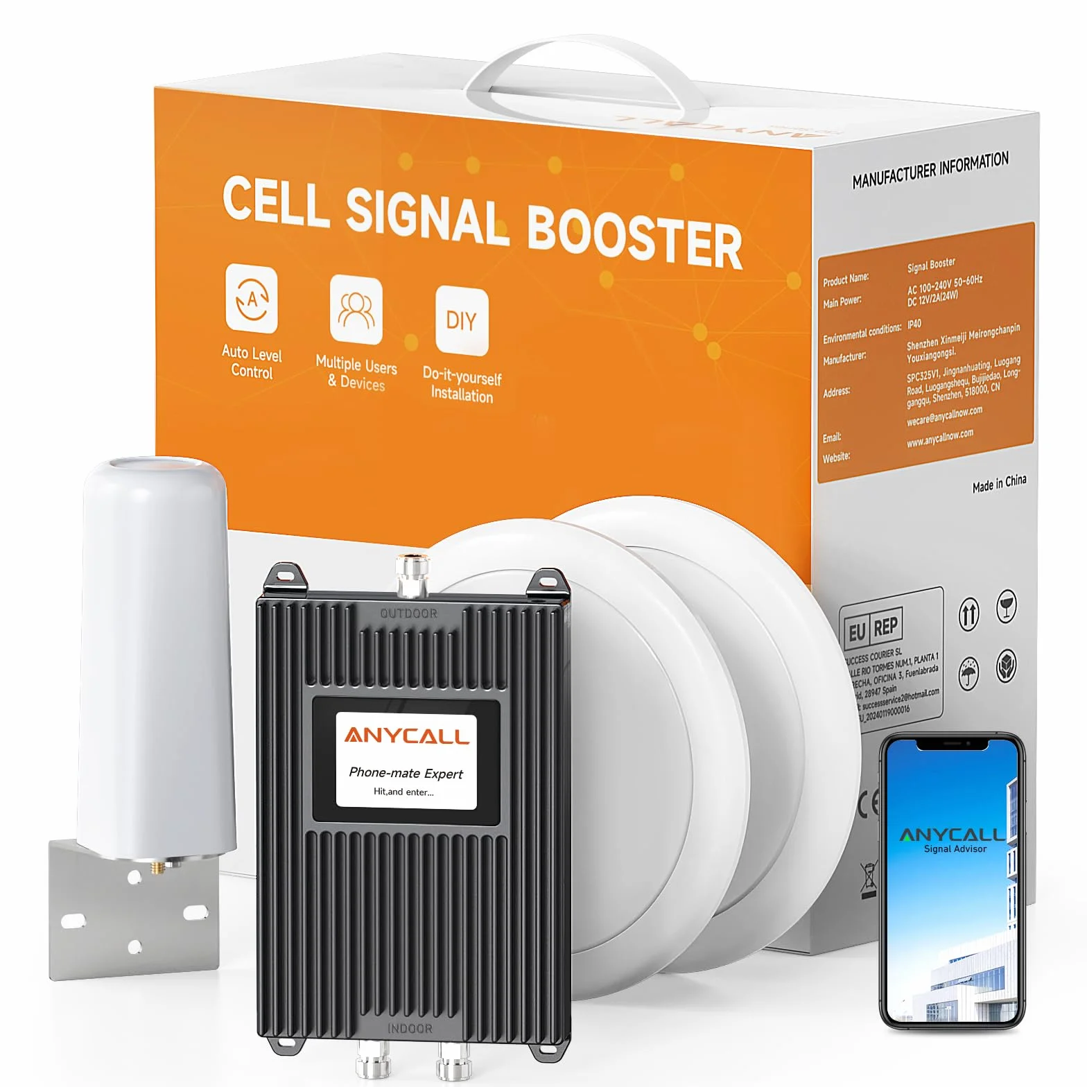 Wzmacniacz sygnału do pasma 1, 3, 7, 8, 20, kompatybilny ze wszystkimi europejskimi operatorami sieci, 5G 4G LTE GSM Repeater z 2 antenami wewnętrznymi do domu, biura, na duże powierzchnie