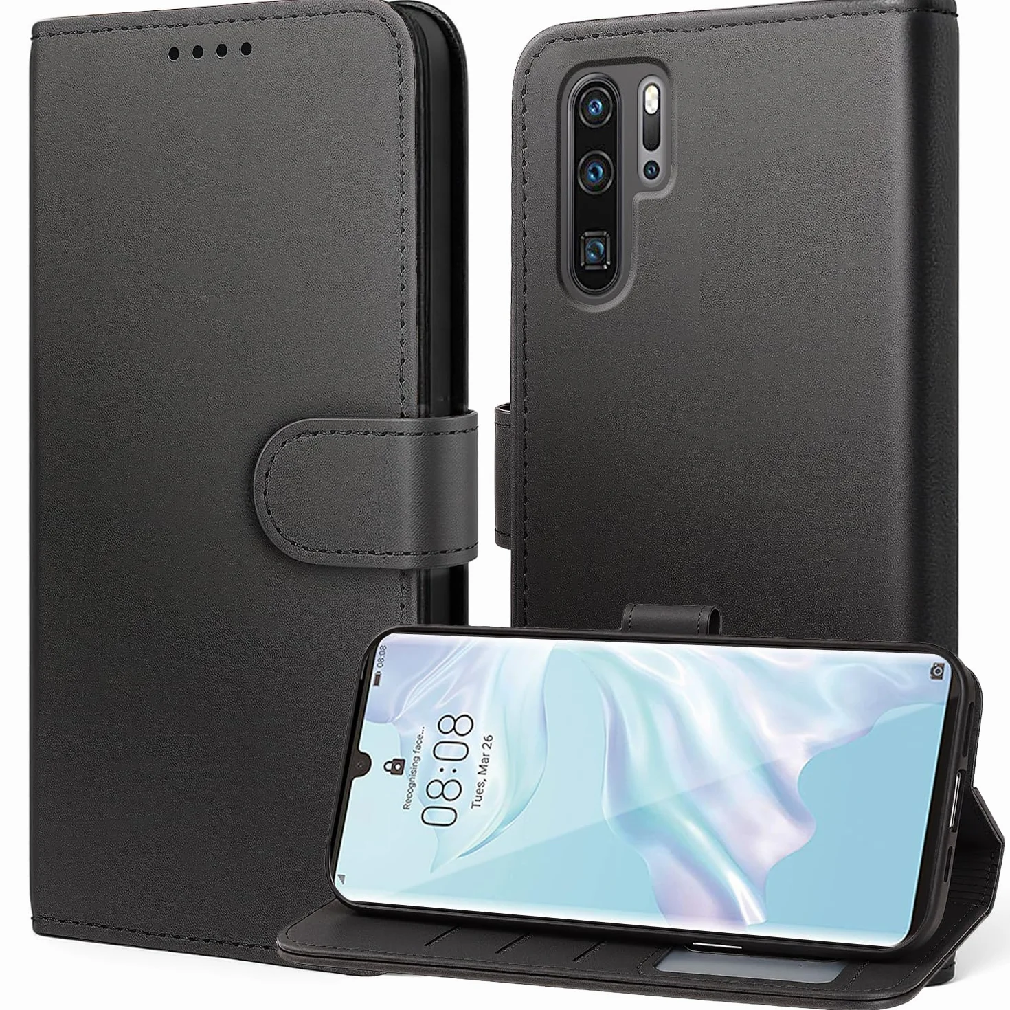 Tawarror Skórzane etui z klapką do Huawei P30 Pro, wielofunkcyjne magnetyczne etui skórzane do P30 Pro ze składanym stojakiem i gniazdami na karty, czarne