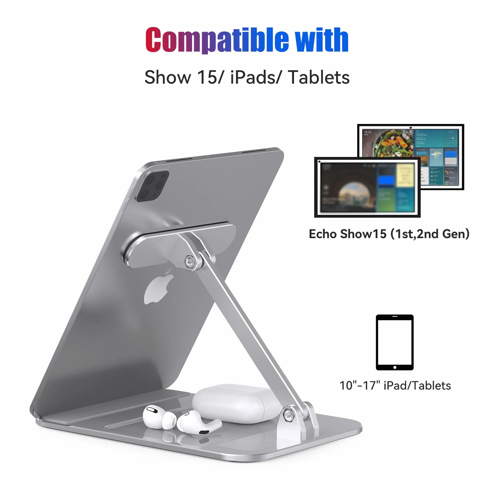 Stojak uchylny, do inteligentnego wyświetlacza Show 15, iPadów/tabletów, wykonany z wytrzymałego aluminium, urządzenie do siedzenia na nim bez montażu (srebrny)