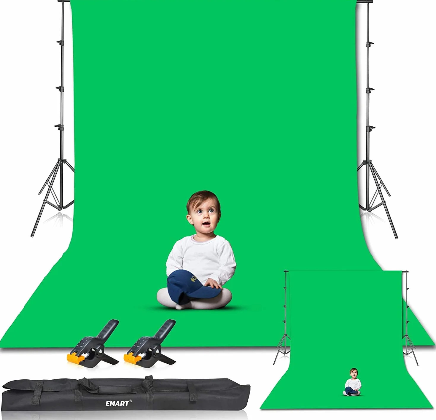 EMART Zielone tło ekranu ze stojakiem, 2,6 x 3 m, zestaw stojaków na tło fotograficzne z muślinowym tłem do portretu, wideo, zdjęć, studia
