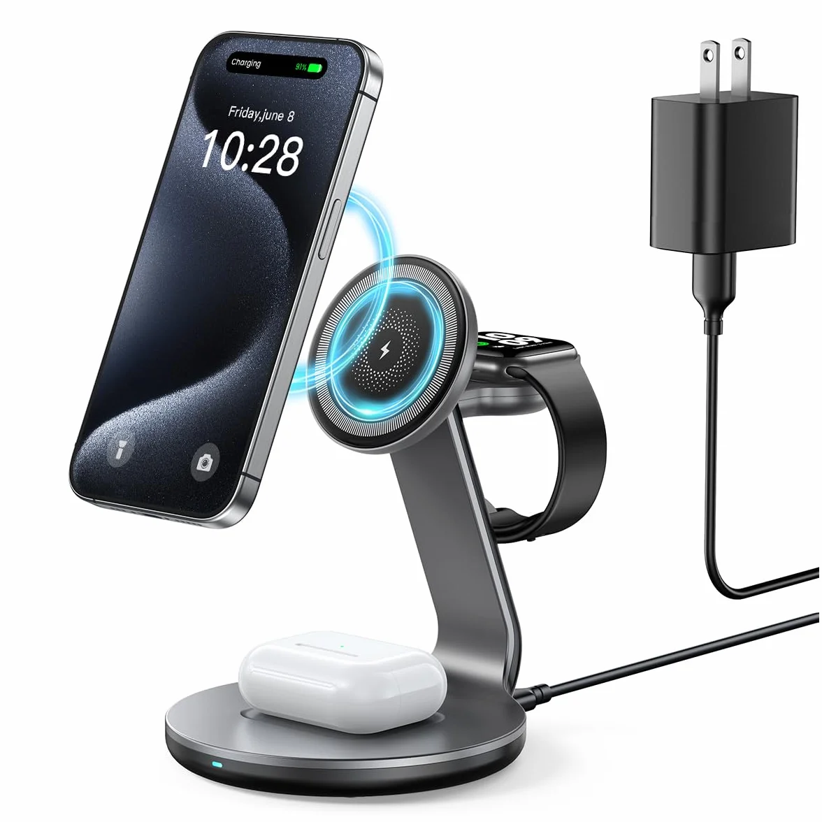 HERRBOL Bezprzewodowa ładowarka 3 w 1, bezprzewodowa stacja ładująca do iPhone'a 15 14 13 12 11 / Pro/XS/XR/X/SE/8/8 Plus, bezprzewodowy stojak ładujący kompatybilny z Apple Watch