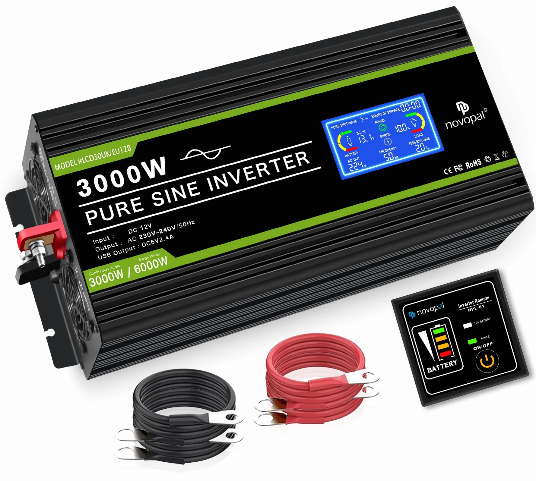 NOVOPAL Falownik samochodowy 3000 W, przetwornica napięcia 12 V, 230 V, czysty sinus z wyświetlaczem LCD i złączem USB + gniazda 2 AC + pilot zdalnego sterowania