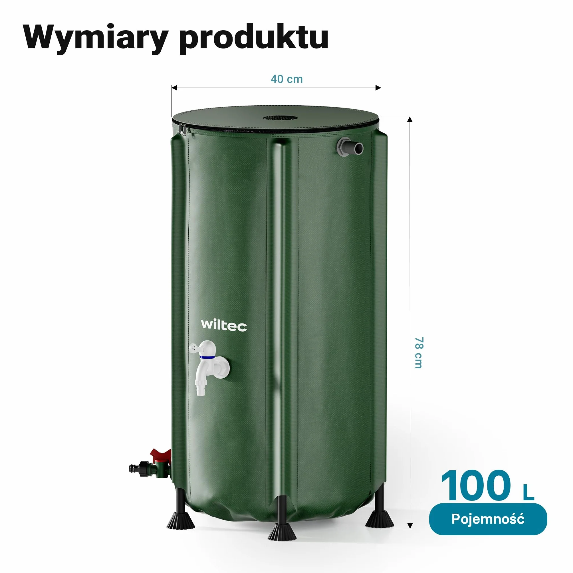 Wiltec Beczka składana na deszczówkę 100L 40x78cm PVC 1000D z kranem