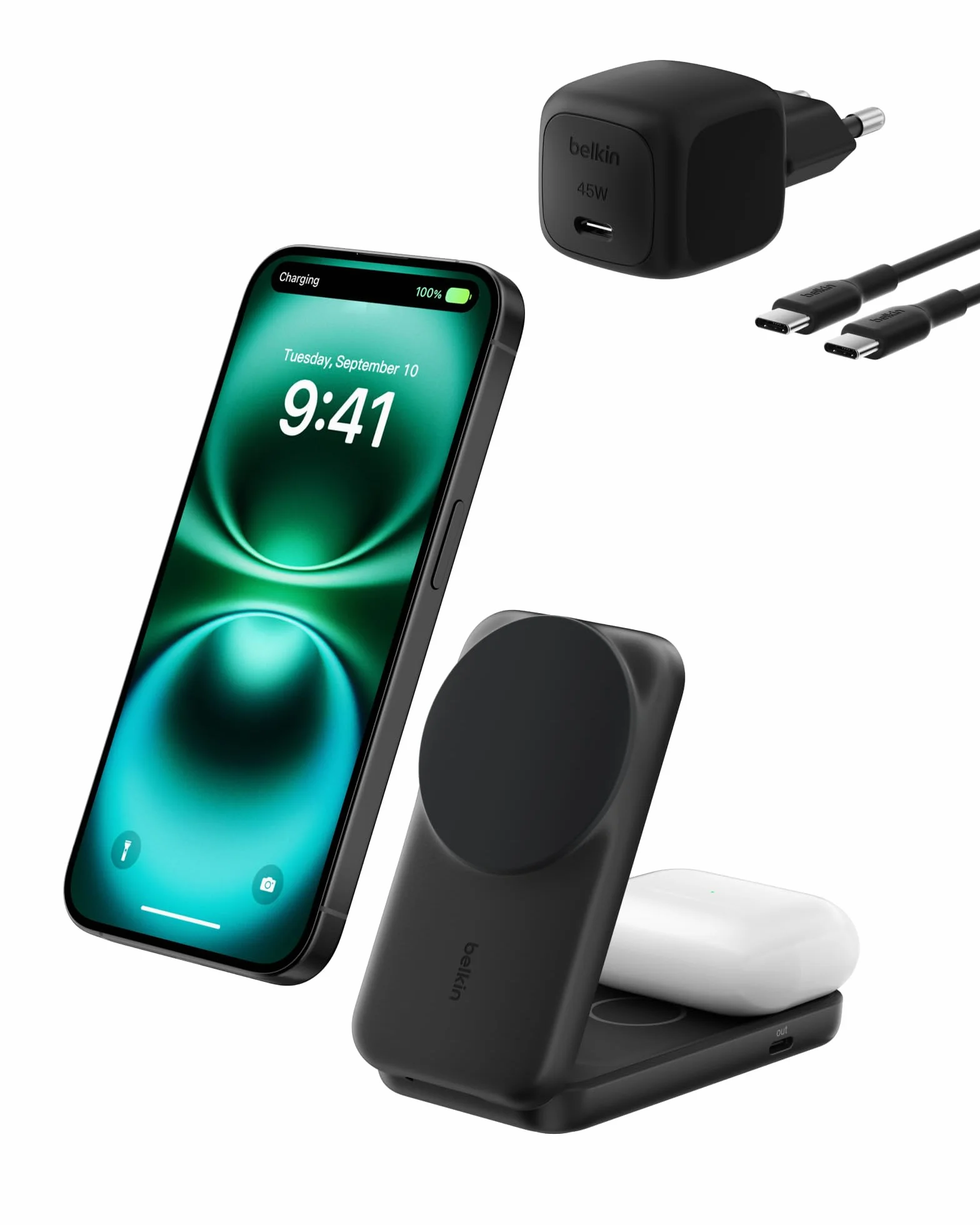 Belkin UltraCharge Qi2 25W Ładowarka Bezprzewodowa 2 W 1, Kompatybilna z MagSafe, Stacja Ładująca do IPhone 16, AirPods, Pixelsnap, Rozkładana Podstawka z Portem USB-C i Zasilaczem 45W, Czarna