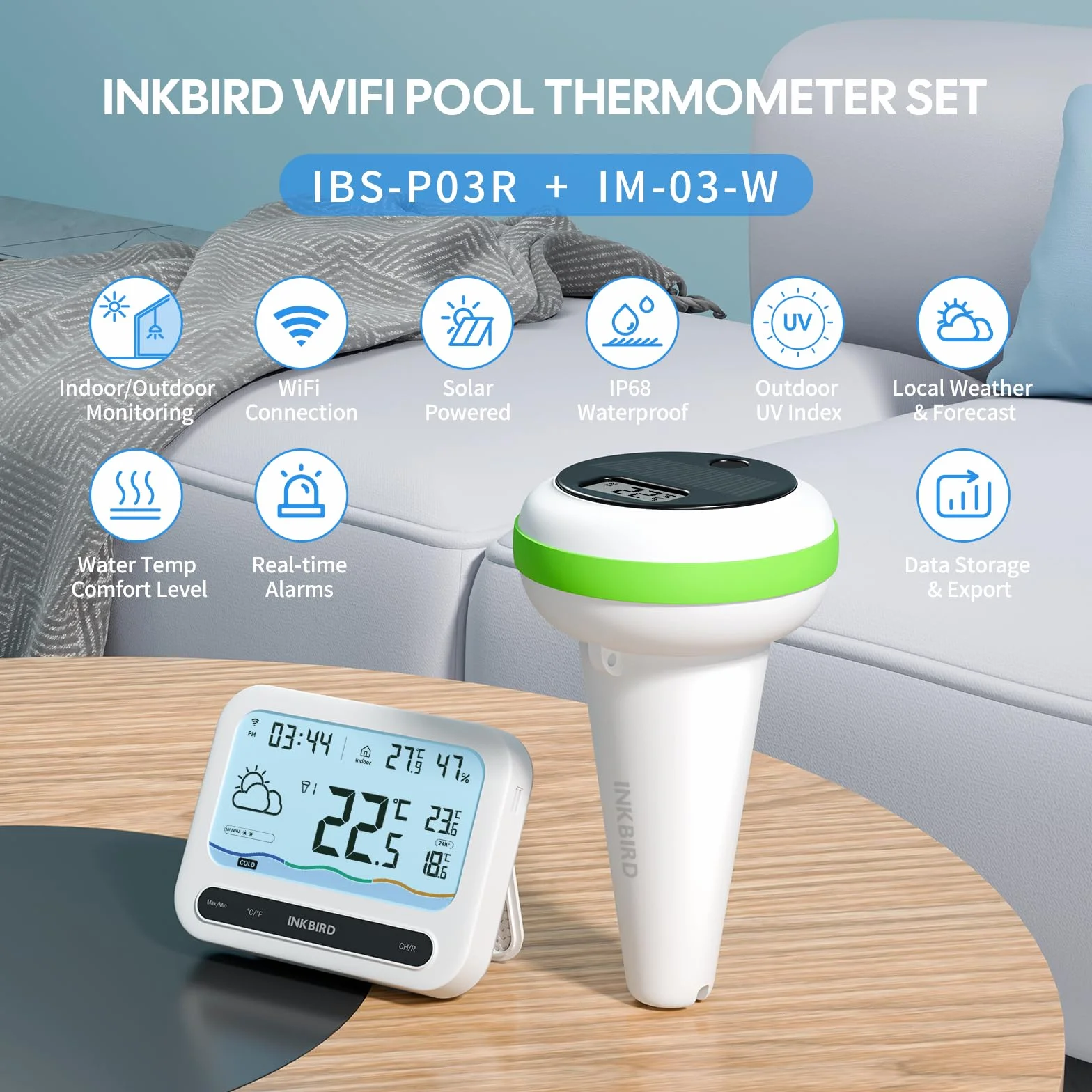 Inkbird IBS-P03R solarny termometr basenowy Wifi z zestawem IM-03 Wifi Gateway, monitor wilgotności UV