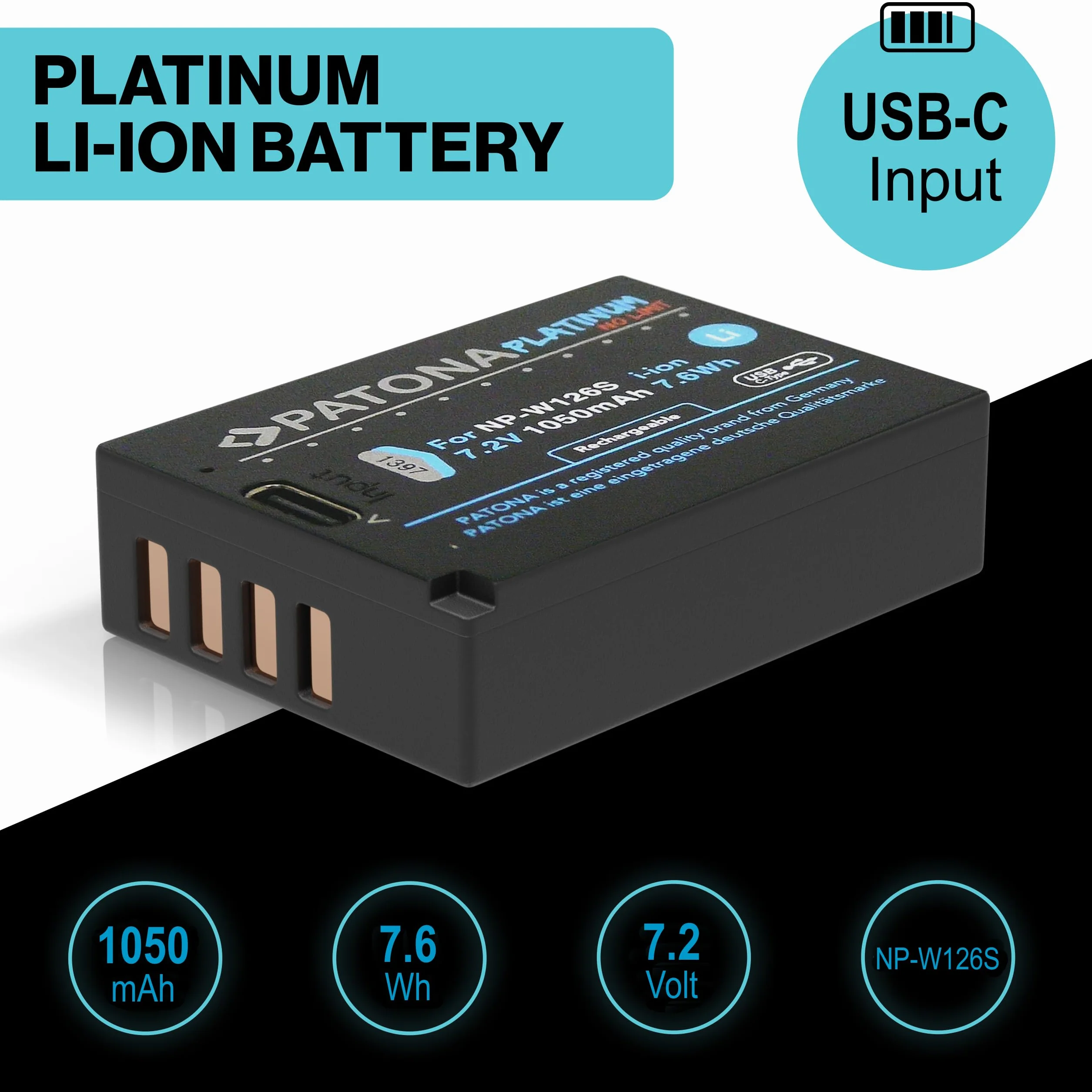 PATONA Platinum Akumulator do Fujifilm NP-W126s W126, 1050mAh, z USB-C | Akumulator do X-M5 X-M1 X100F X100V X100VI XA1 XA2 XA3 XA5 XS10 XT3 XT20 XT30 II XM5 X-S10 – ładowanie w akumulatorze