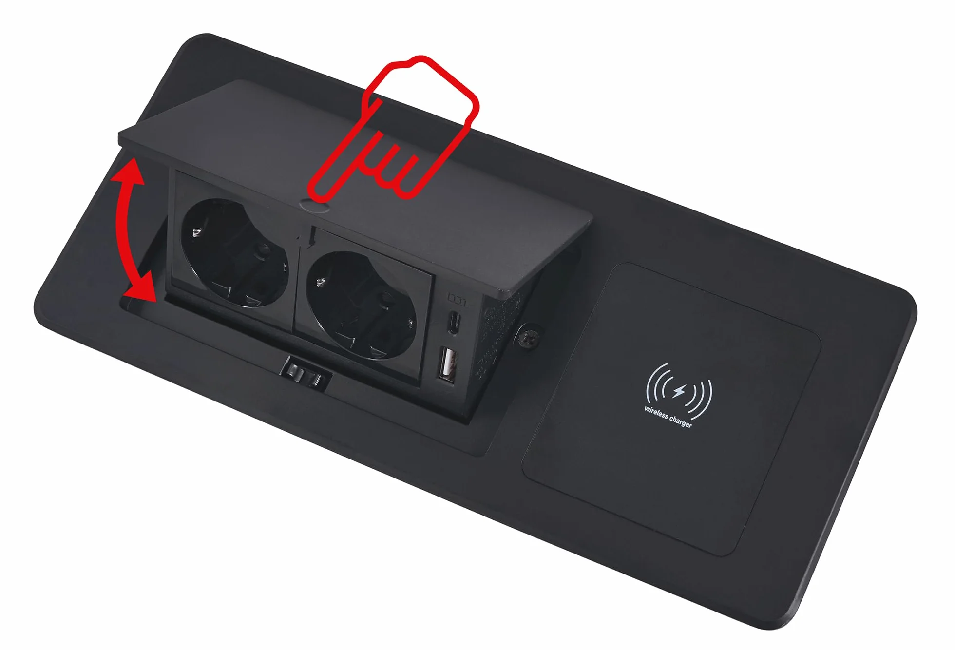 Listwa Zasilająca Wpuszczana W Blat Multibox VII – 2x Gniazdo 230V, USB-A, USB-C – Ładowarka Indukcyjna Qi – Czarny Mat – Gniazdo Nablatowe Do Kuchni I Biura