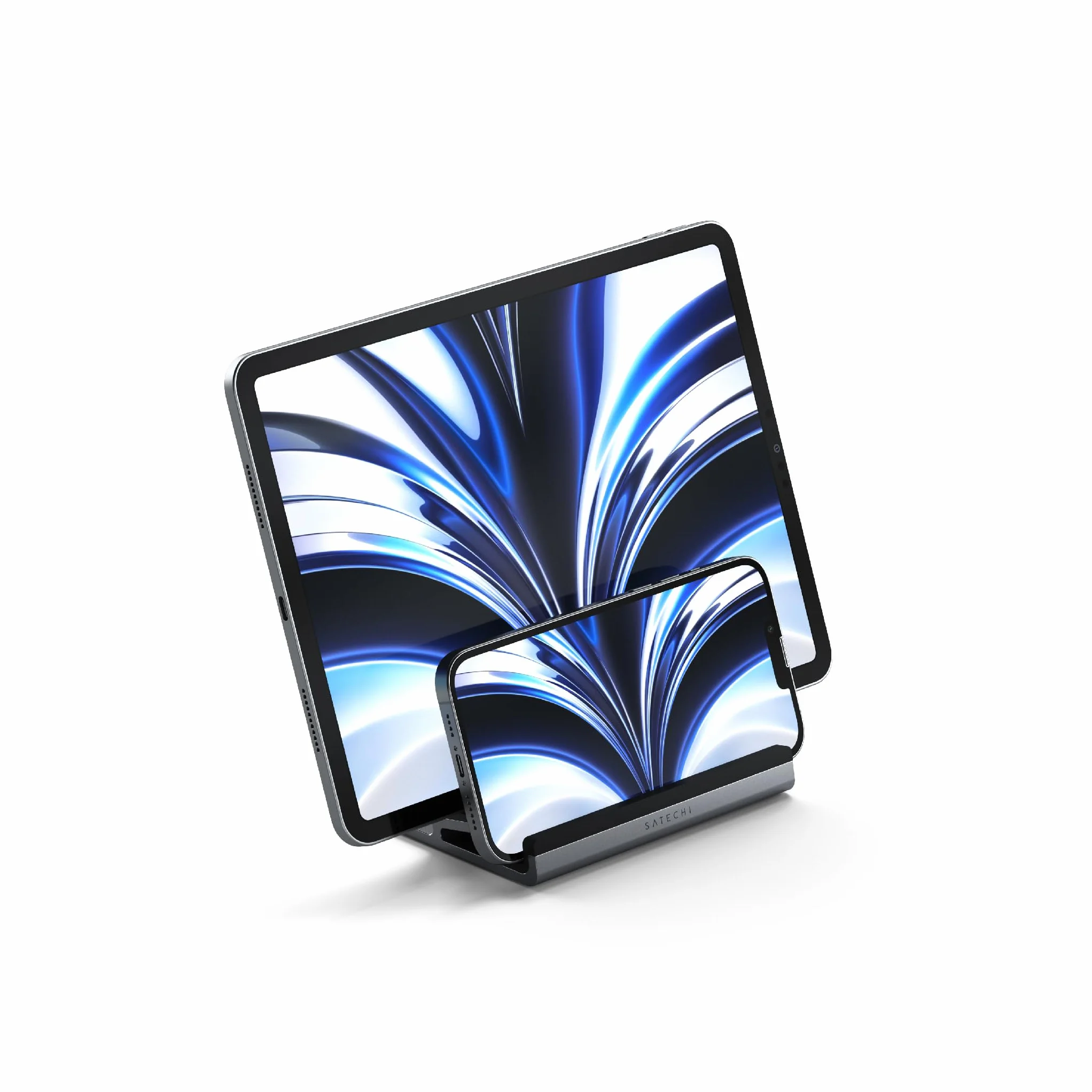 SATECHI Podwójny Pionowy Stojak Aluminiowy, Uniwersalna Kompatybilność z MacBook Air i Pro M5 M4, iPad Air i Pro M5 M4, iPad Mini, iPhone 17 i Innymi