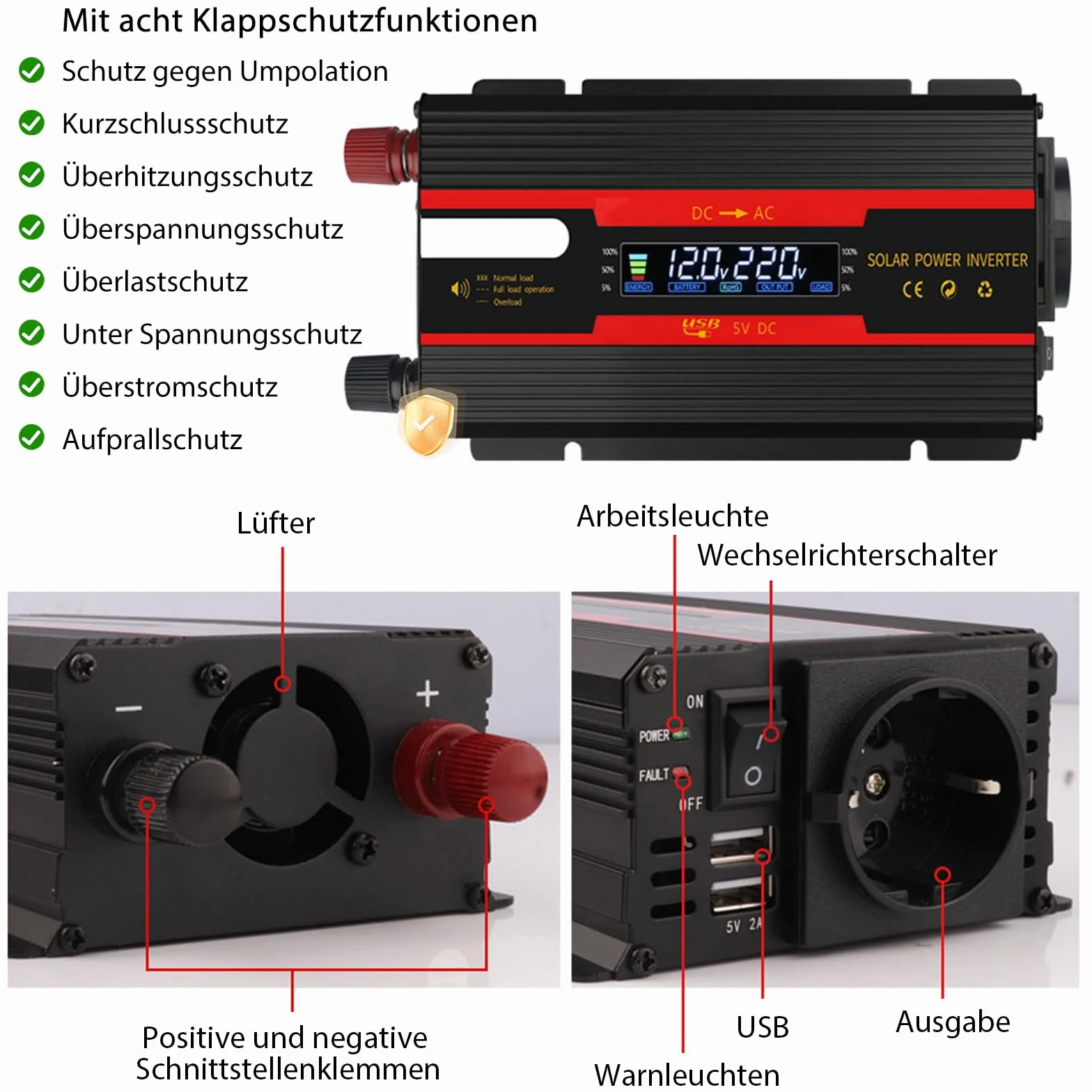 Przetwornica napięcia DC 12 V/24 V na AC 230 V, zmodyfikowana fala sinusoidalna, 2000 W, z wtyczkami UE, 2 USB i wyświetlaczem LCD, adapter do samochodu, ciężarówki, przyczepy kempingowej