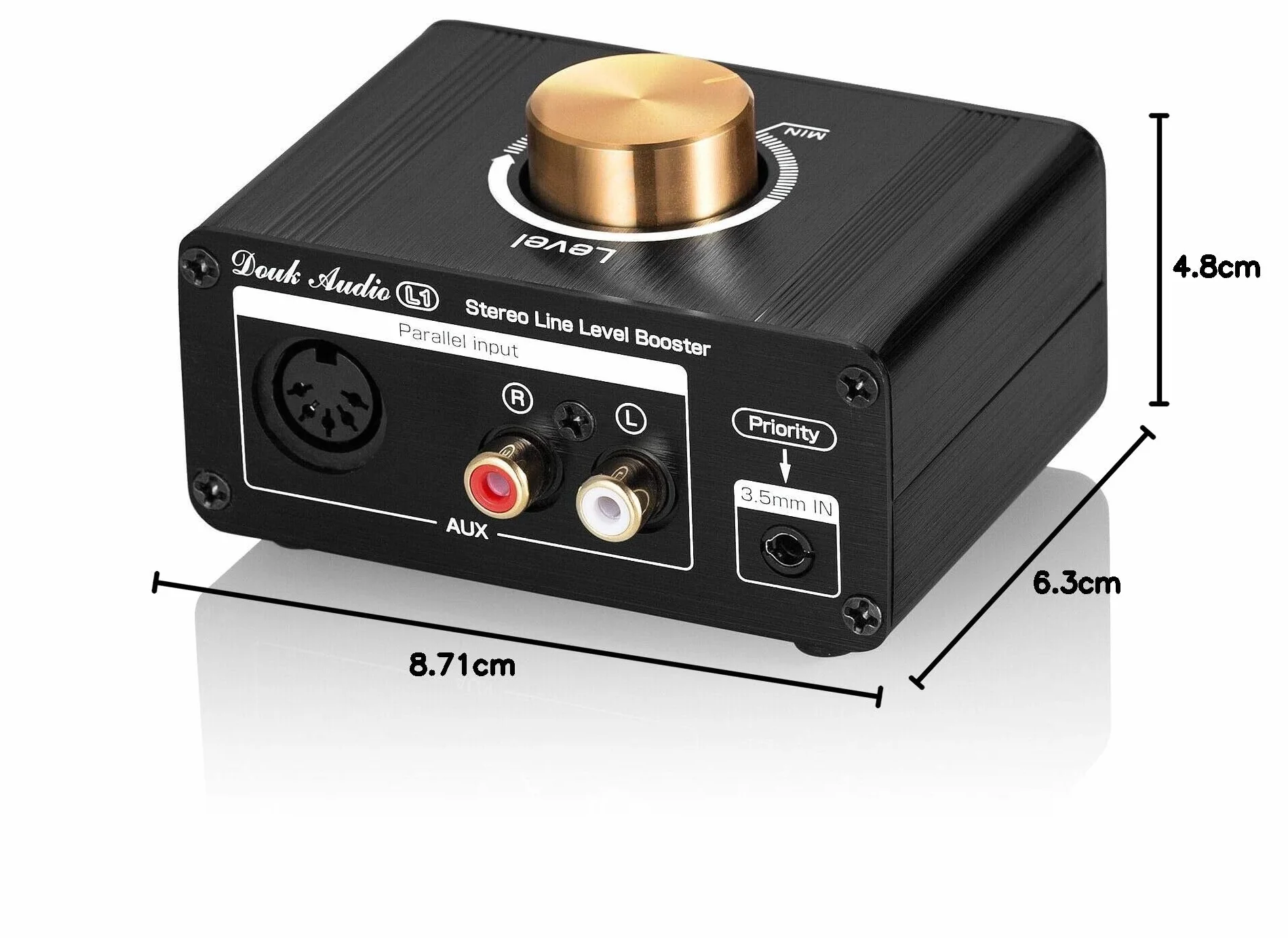 Mini wzmacniacz liniowy stereo boost preamplifier audio dla MP3, iPod, iPad, iPhone, wzmocnienie 20dB + regulator głośności