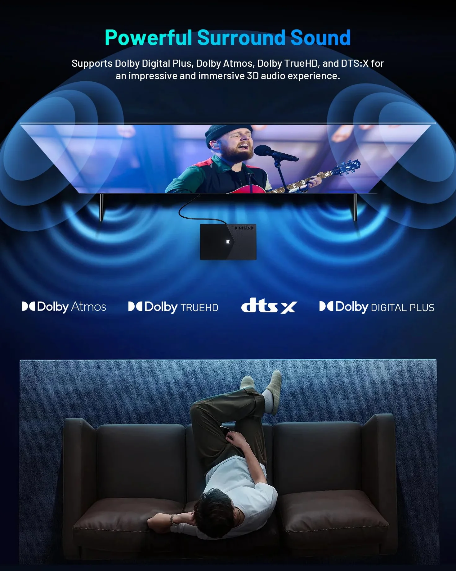 Kinhank 8K Android TV Box compatible with Dolby Vision·Atmos/DTS X/HDR10+, 4GB RAM 64GB ROM Odtwarzacz Multimedialny 8K@60fps/AV1/BD Format,WiFi6/1000M LAN/BT5.2/HDMI 2.1/USB3.0, Widevine L1, AI PQ/SR