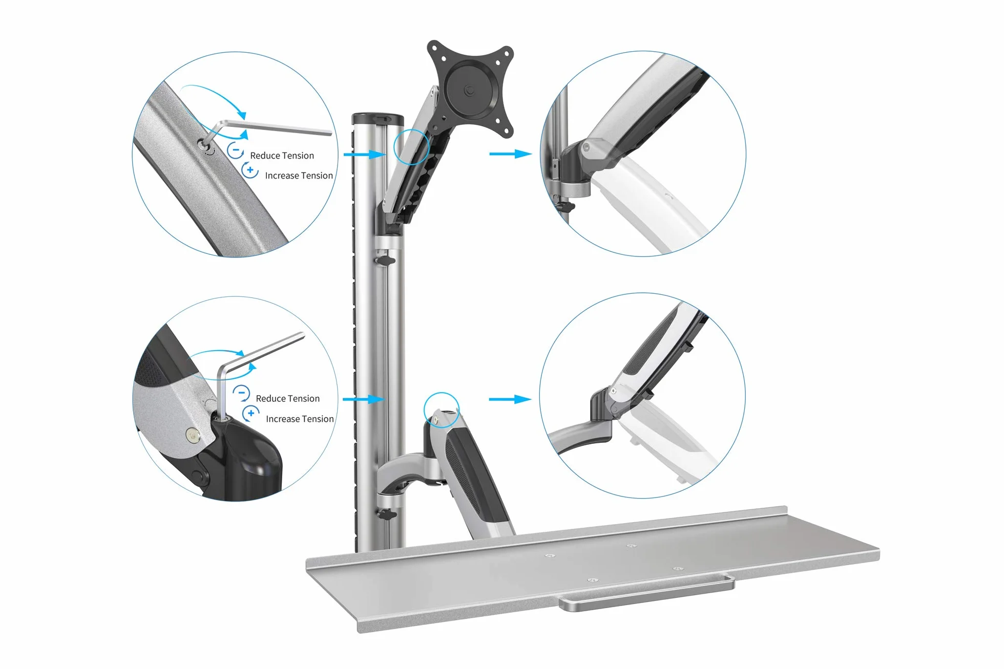 DIGITUS DA-90354 - Stacja robocza stojąca/siedząca - Uchwyt do monitora z półką na klawiaturę - Montaż ścienny - 2x sprężyna gazowa - 1 monitor - Do 27 cali - VESA 75x75, 100x100 - Srebrny