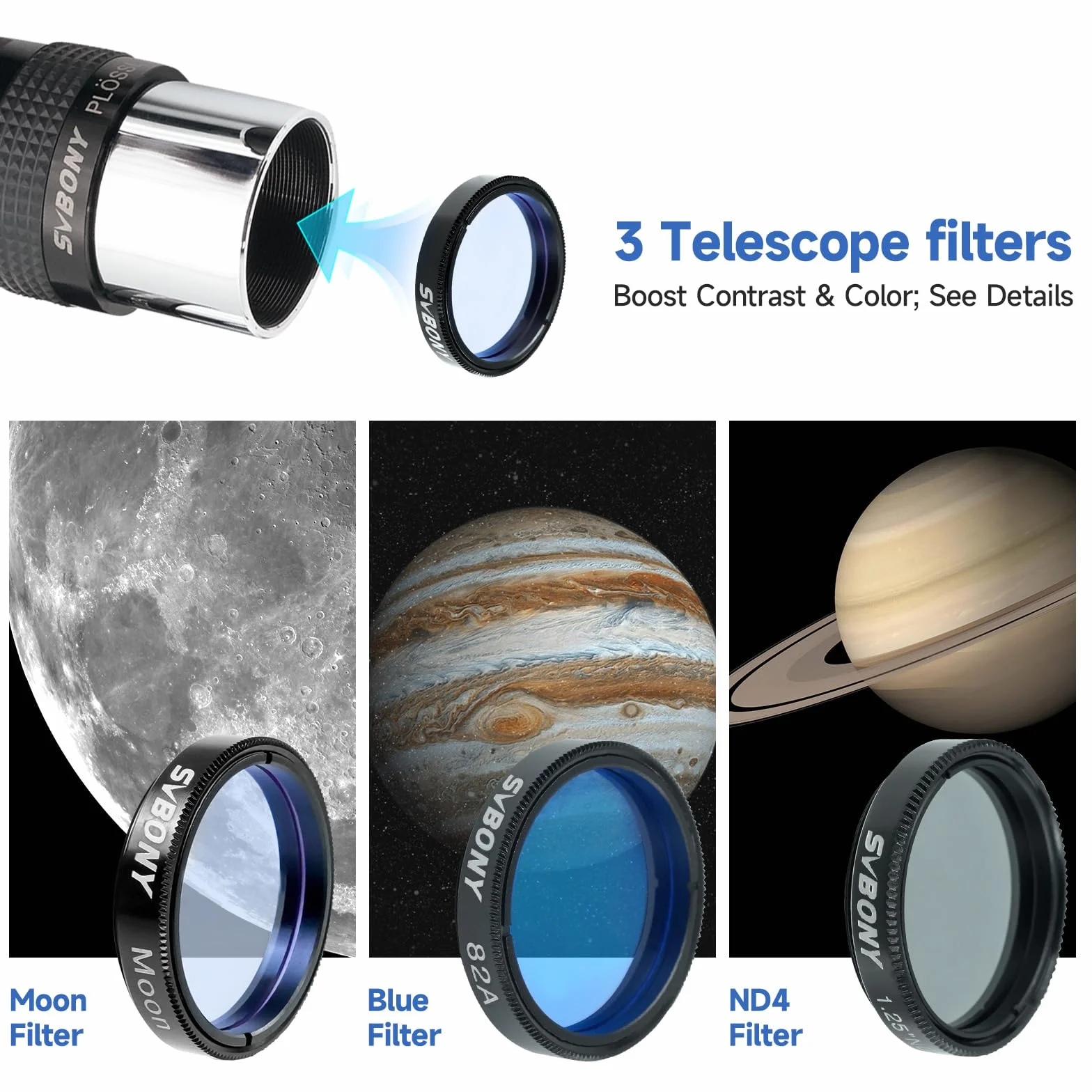 Svbony SV233 Zestaw Akcesoriów do Teleskopu Astronomicznego | Okular 6 mm, 17 mm PLOSSL, 2 Soczewki Barlowa, Filtr Księżycowy, Filtr ND4, Filtr Kolorowy 82A, z Przenośną Torbą