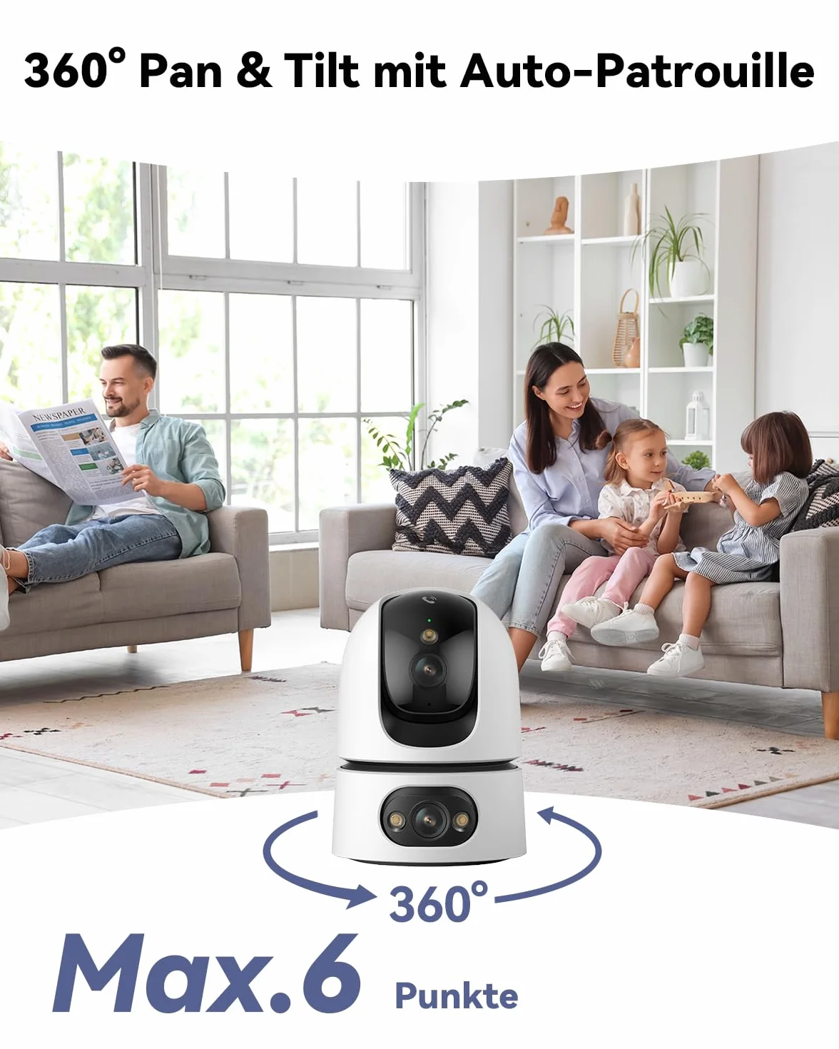 Imou Podwójna kamera monitorująca 2K + 2 K, do użytku wewnątrz z AI człowiekiem/zwierzęciem, 2,4/5 GHz WLAN 360° PTZ, noktowizor, automatyczne śledzenie, 2-drożne audio, syrena, tryb prywatny, 2